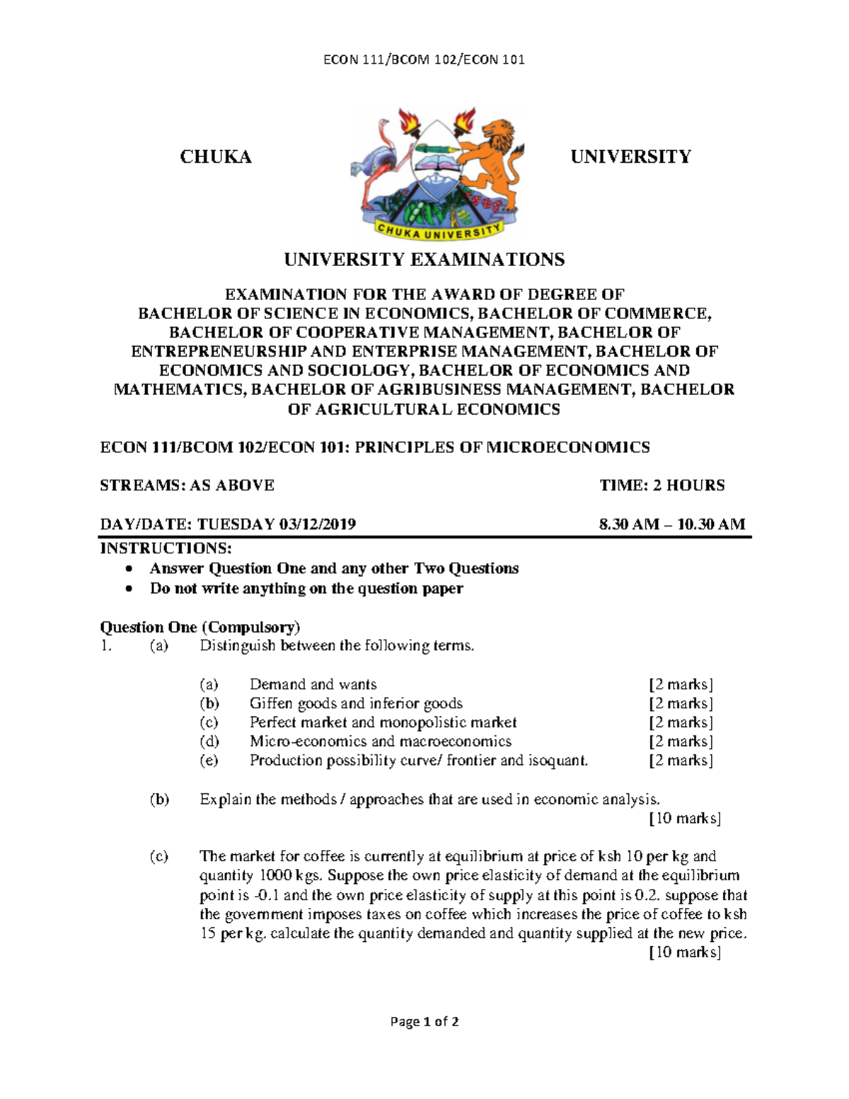 ECON 101: Principles of Microeconomics Exam - Chuka University - Studocu