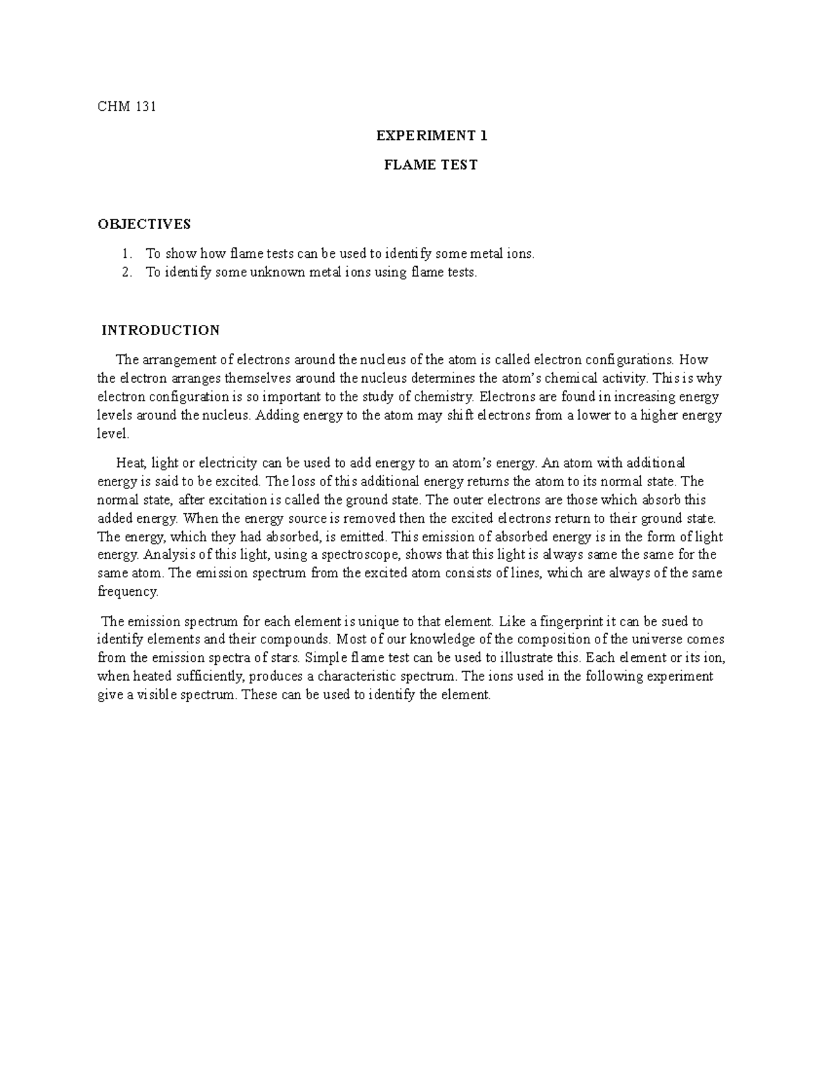 CHM 131 Lab Report: Flame Test Experiment Analysis - Studocu