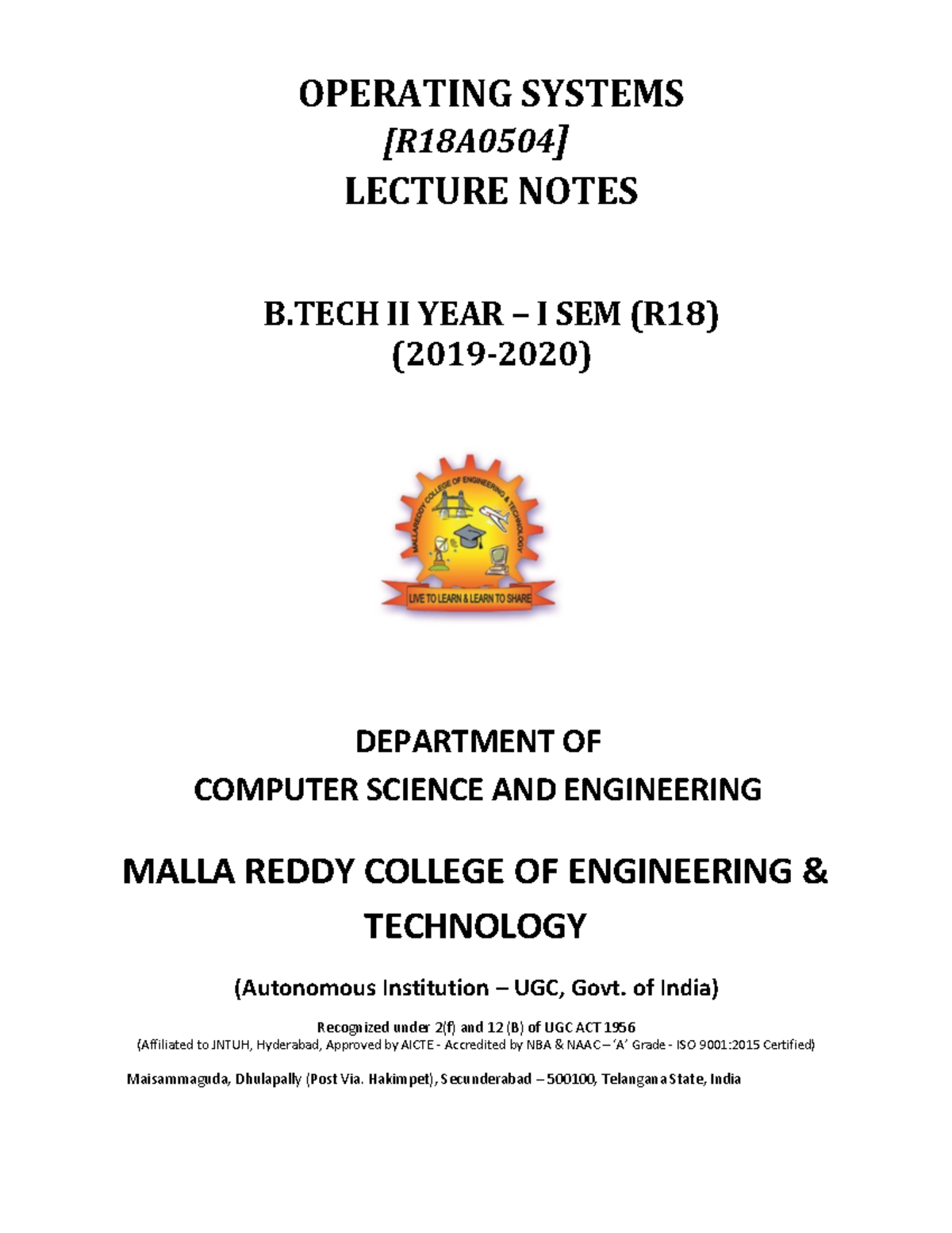 Operating Systems Lecture Notes [R18A0504] - B.Tech II Year CSE - Studocu