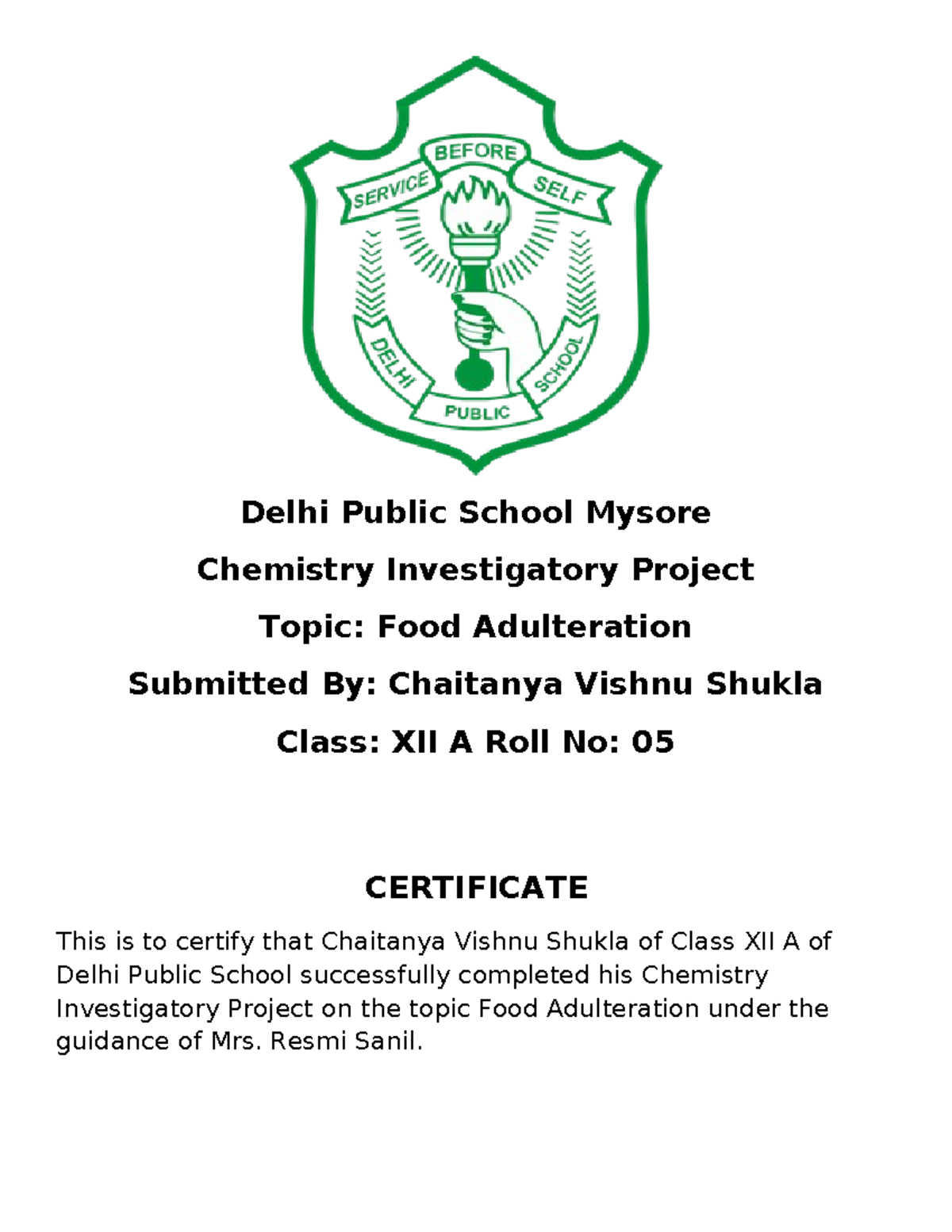 Chemistry Class XII Investigatory Project on Food Adulteration - Studocu