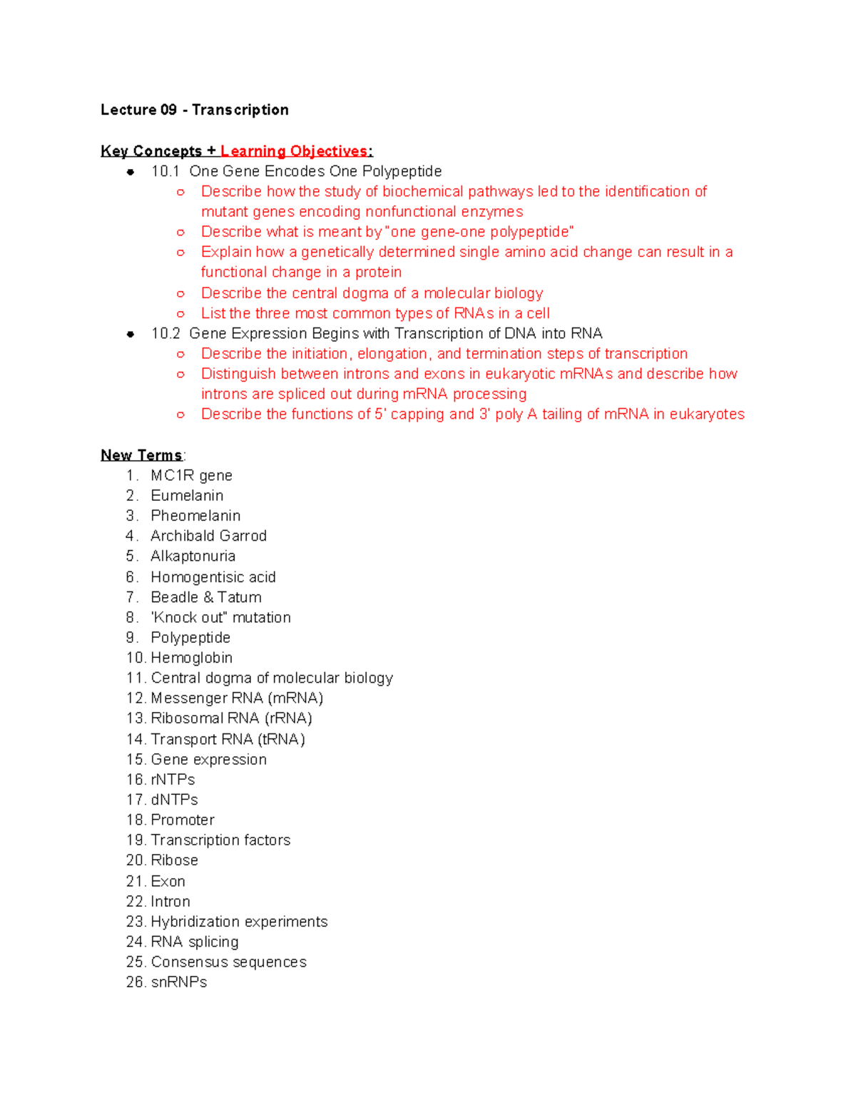 Lecture 09 Transcription Study Guide - Lecture 09 - Transcription Key ...
