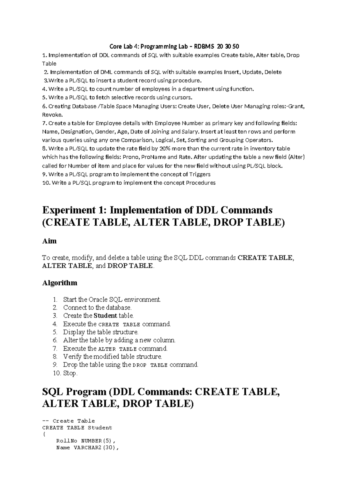 Programming Lab RDBMS: Core Lab 4 SQL Commands & Procedures - Studocu