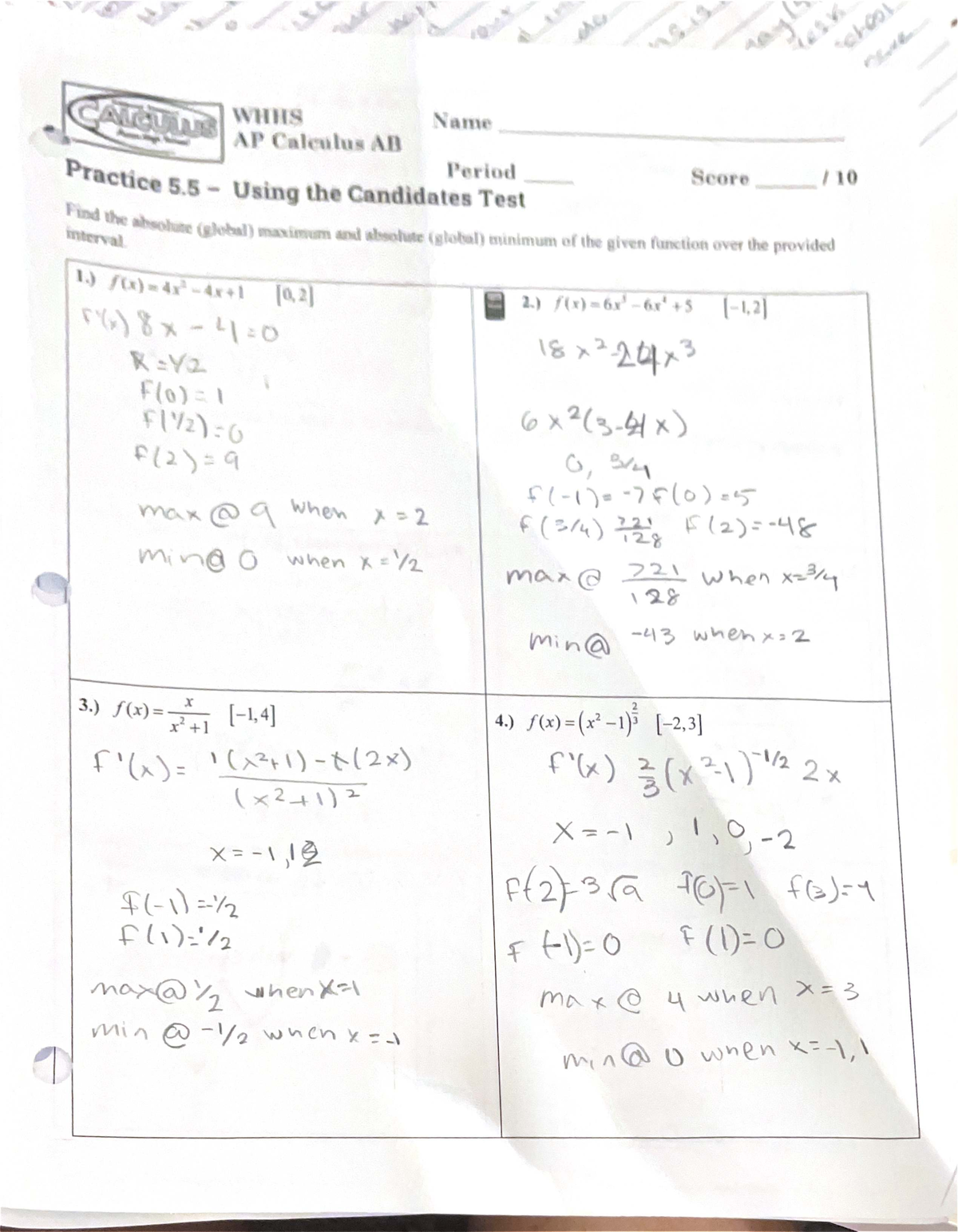 AP Calculus AB Practice: Candidates Test & Function Analysis - Studocu