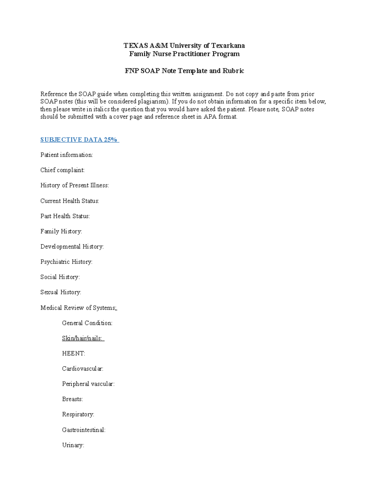 TEXAS FNP SOAP Note Template & Rubric for Assignments - Studocu