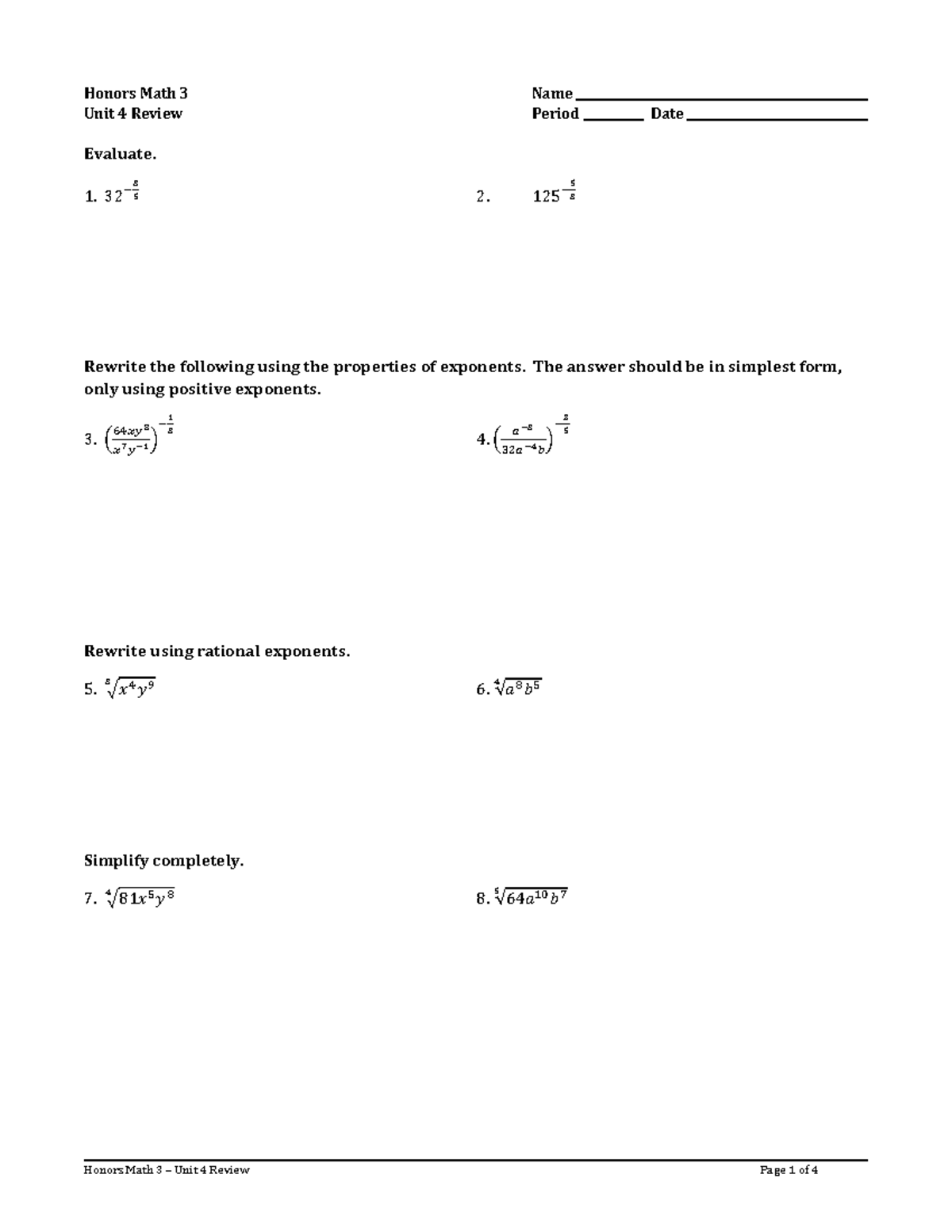 Honors Math 3 Unit 4 Review - Exponents & Functions - Studocu