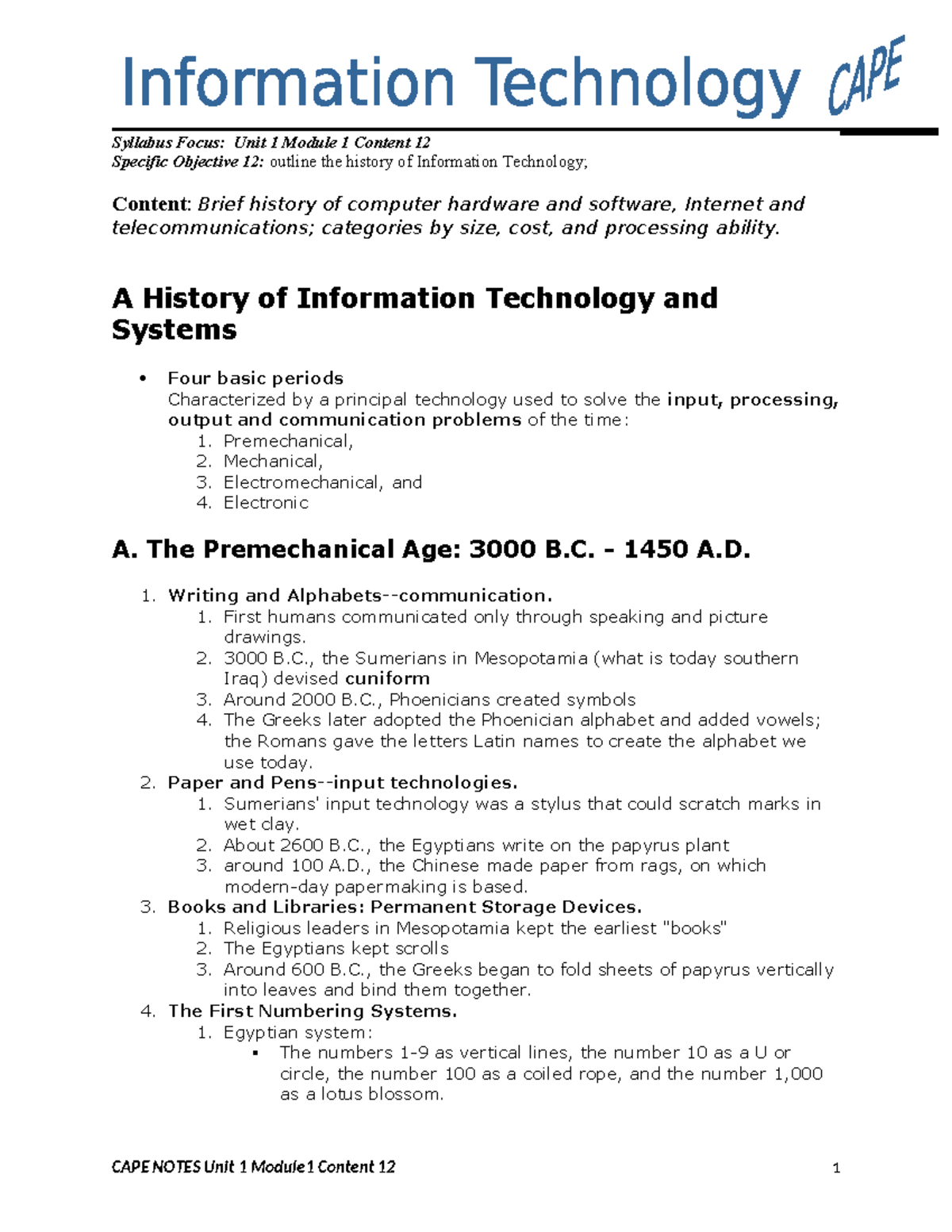 CAPE Notes: Unit 1 Module 1 - History of Information Technology - Studocu