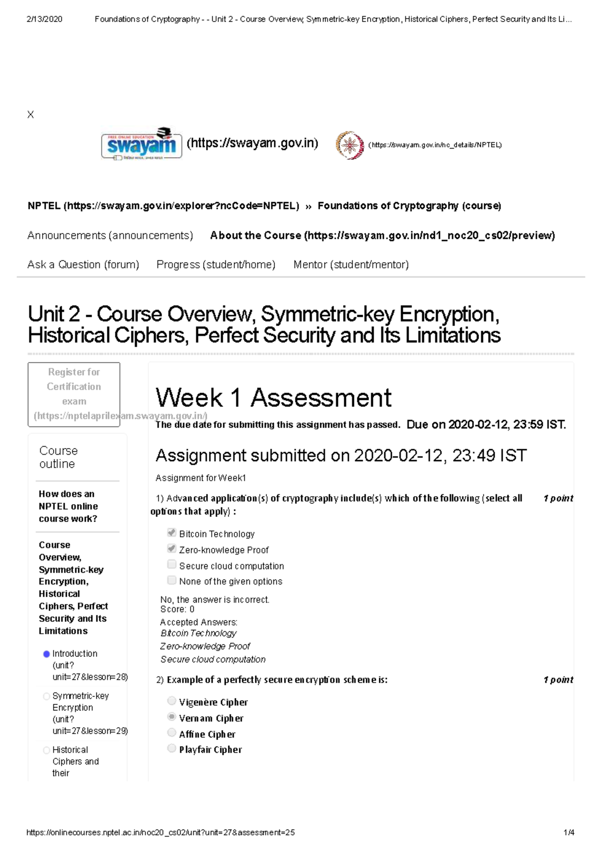 Foundations of Cryptography (NPTEL) - Unit 2 Overview & Key Concepts ...