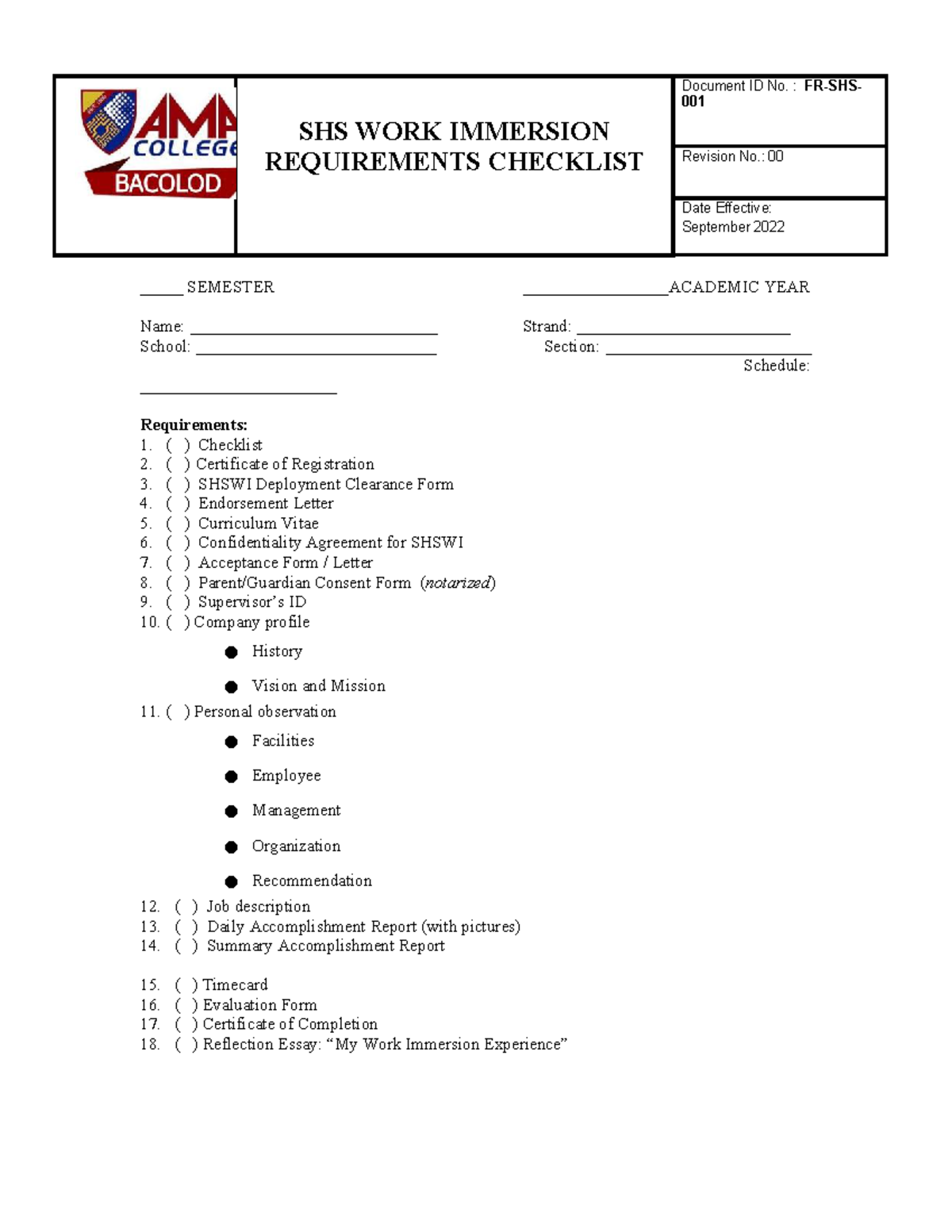 SHS Work Immersion Requirements Checklist - September 2022 - Studocu