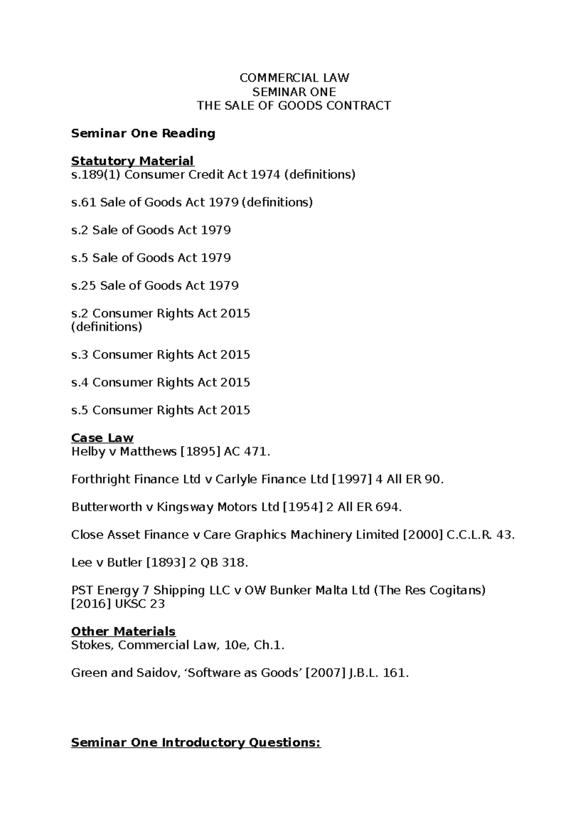Commercial Law Seminar 1: Sale of Goods Contract Insights - Studocu