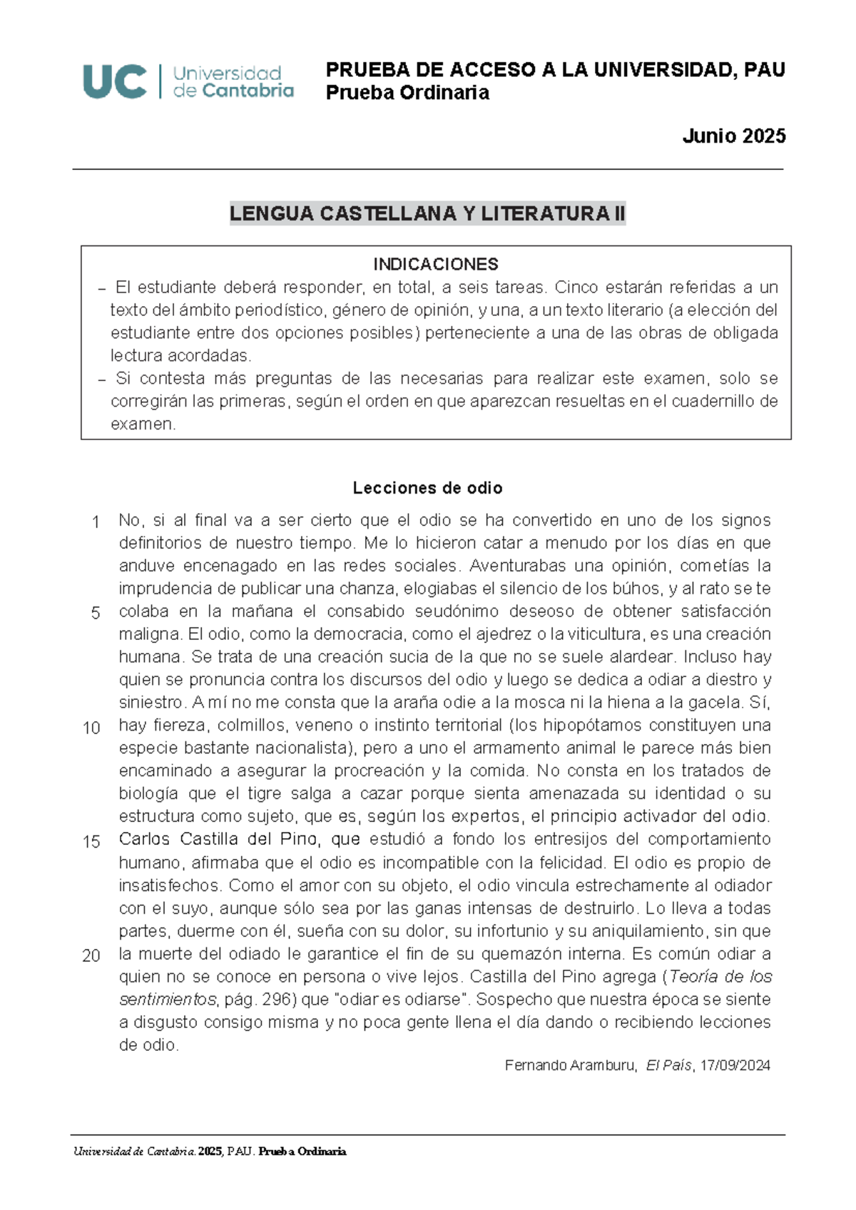 PAU 2025: Examen Ordinario de Lengua Castellana y Literatura II - Studocu