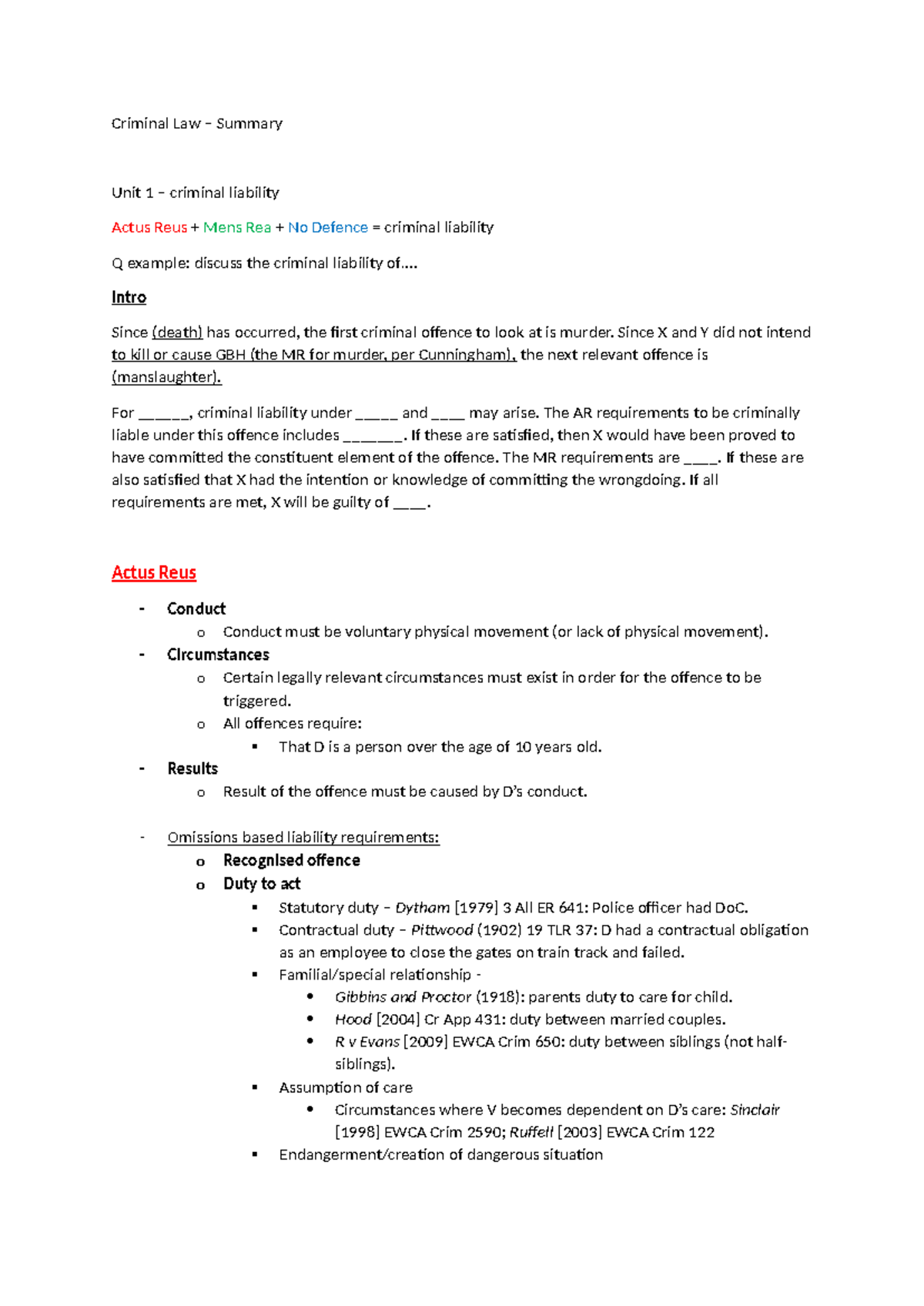 Criminal Liability - Unit 1 Summary for Law Course (CRIM101) - Studocu