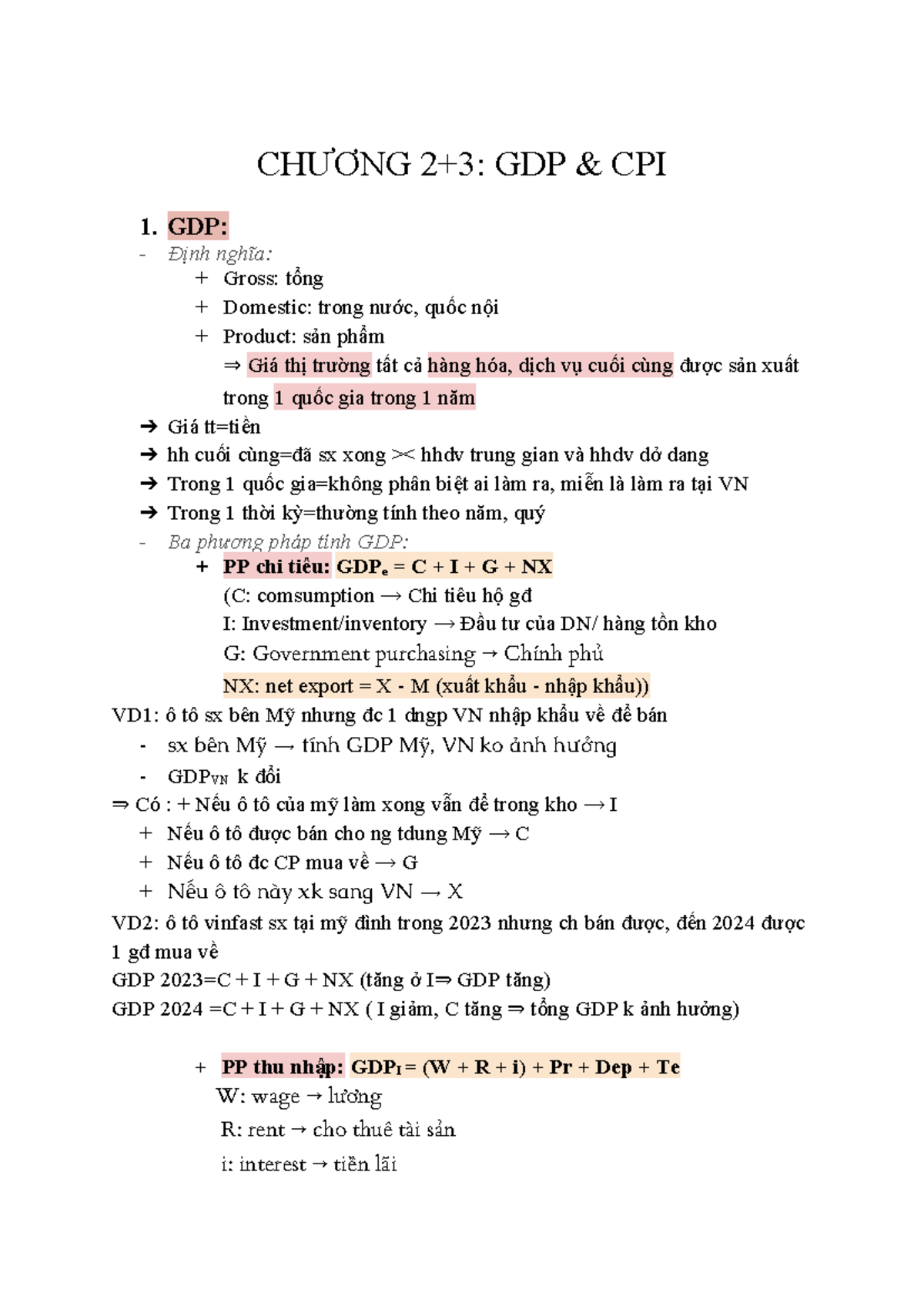 [KTVM]- Chương 2,3 - CHƯƠNG 2+3: GDP & CPI 1. GDP: Định nghĩa: Gross ...