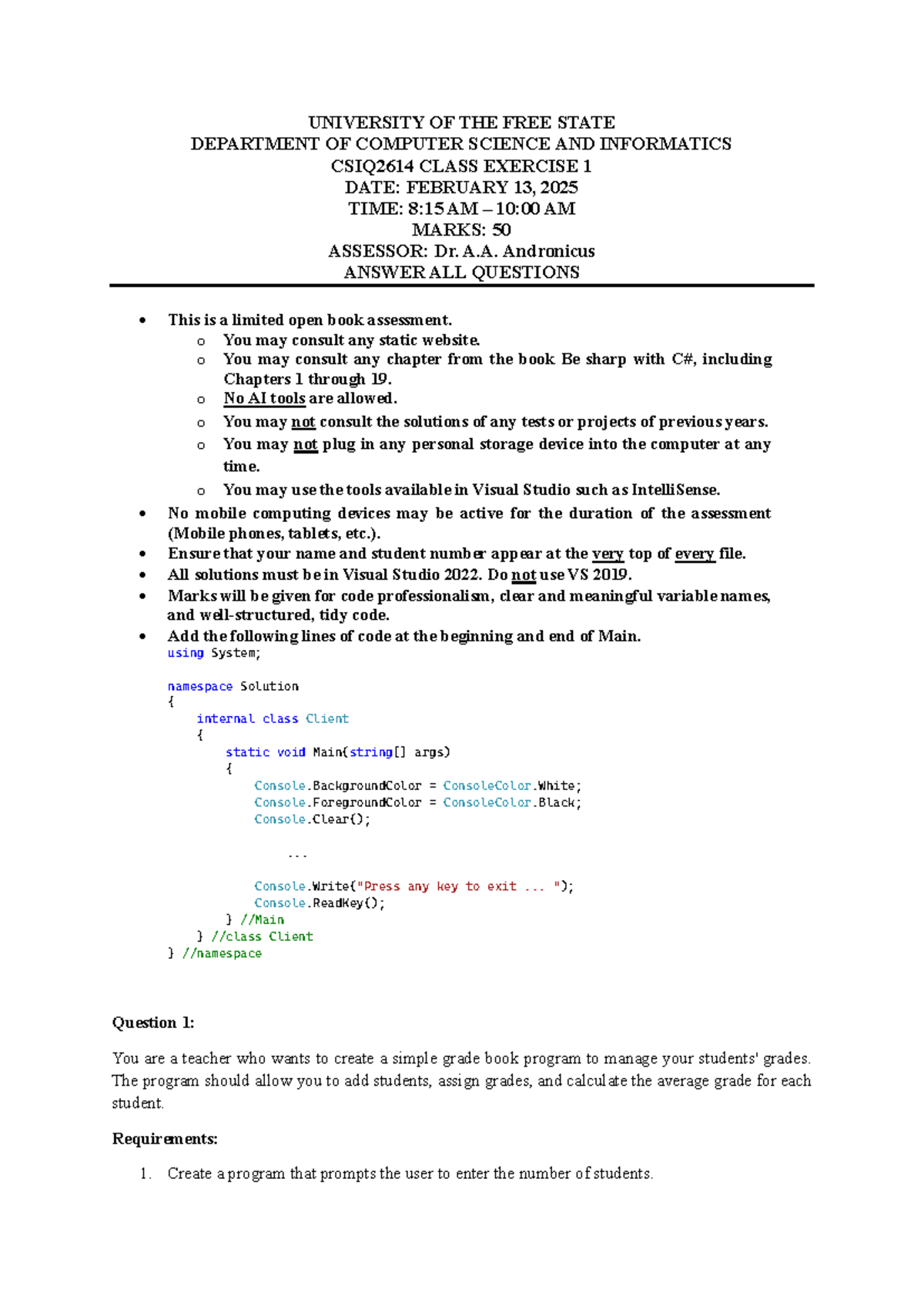 Class Exercise 1 - Practical activity - UNIVERSITY OF THE FREE STATE ...