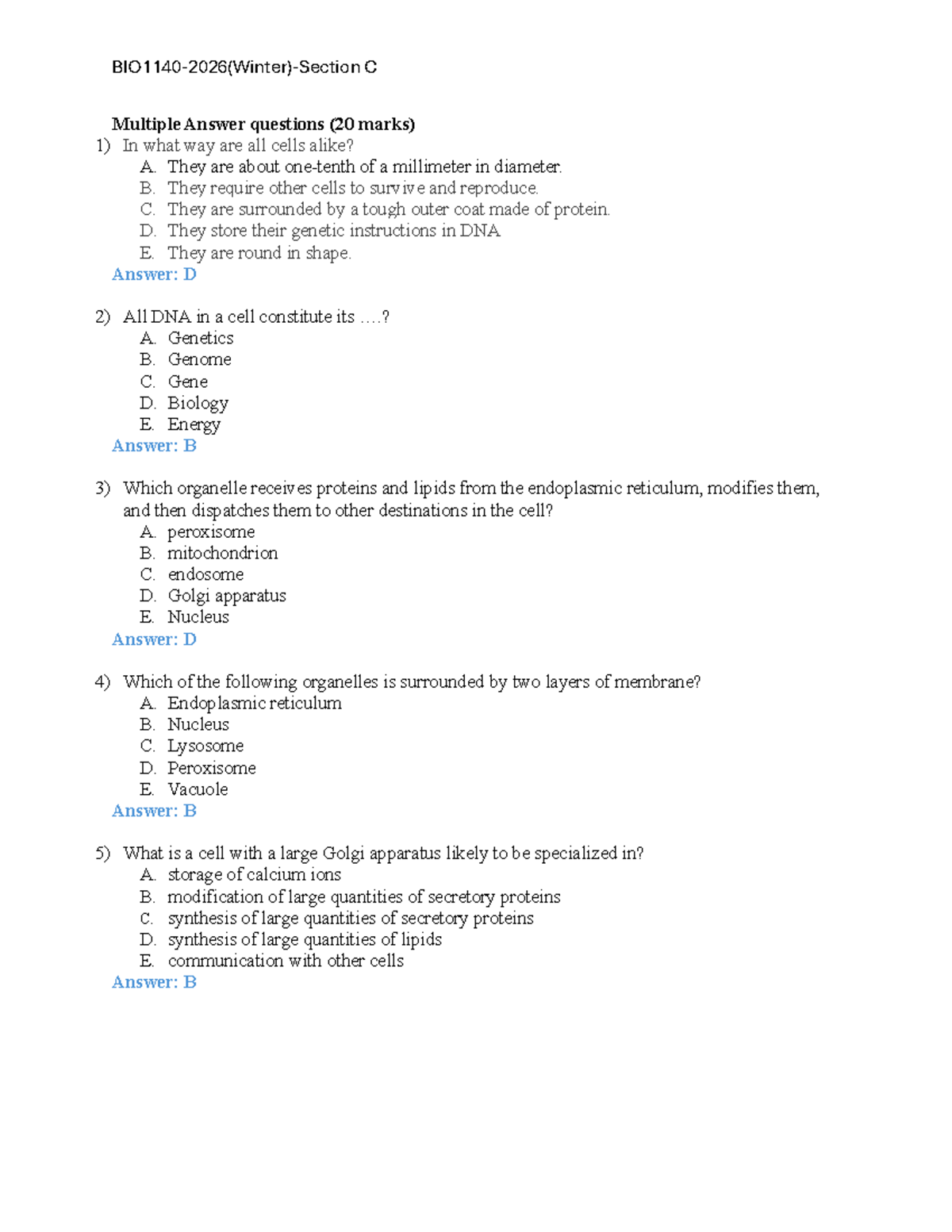 BIO1140-20261-Midterm 1-Section C Multiple Choice & Short Answer Guide ...
