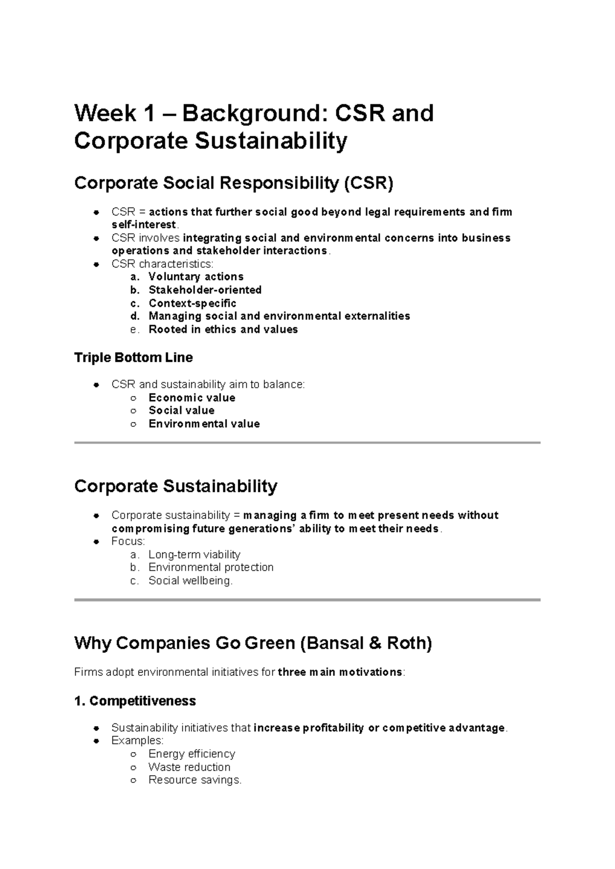BUS 101: Week 1 Summary on CSR and Corporate Sustainability - Studeersnel