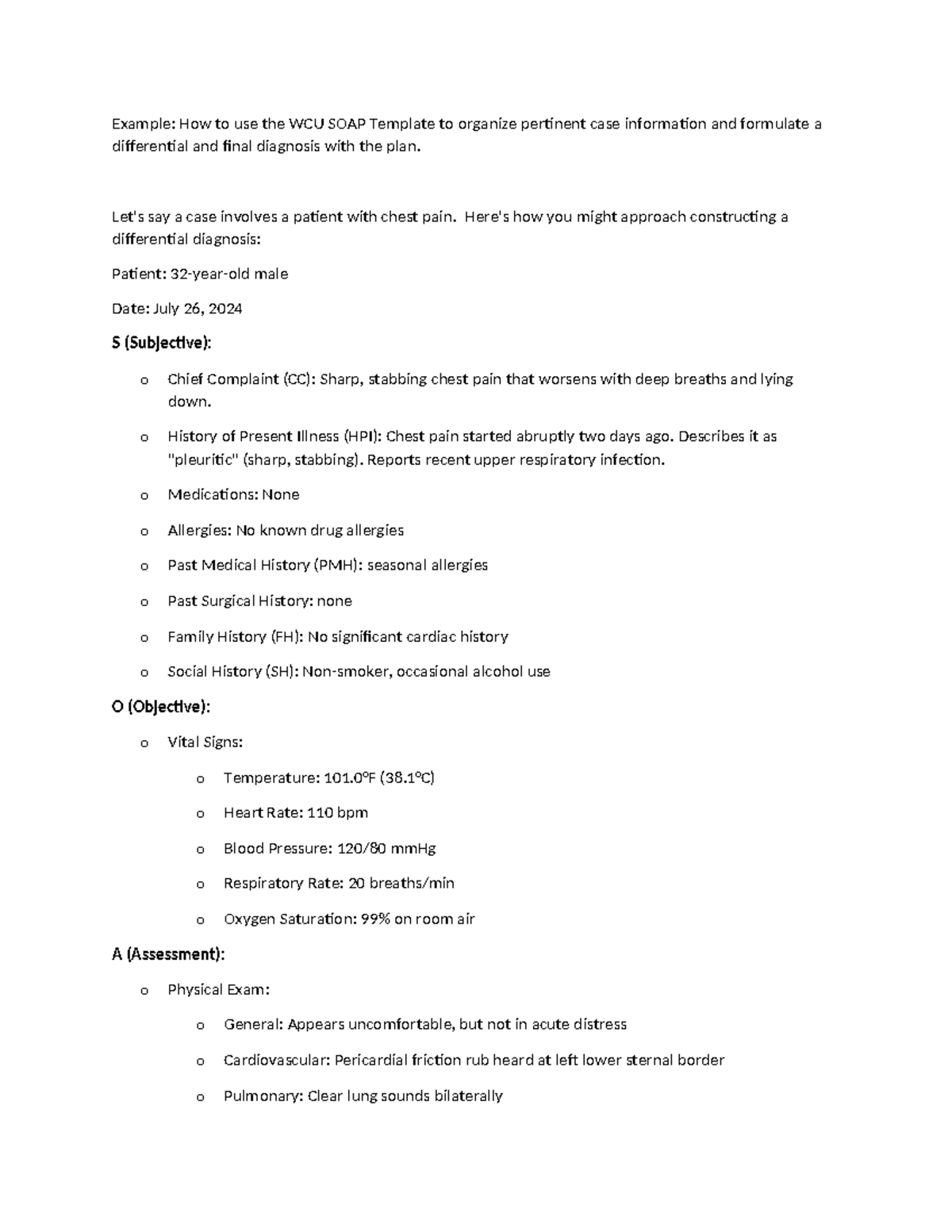 WCU SOAP Template: Organizing Case Info for Differential Diagnosis ...