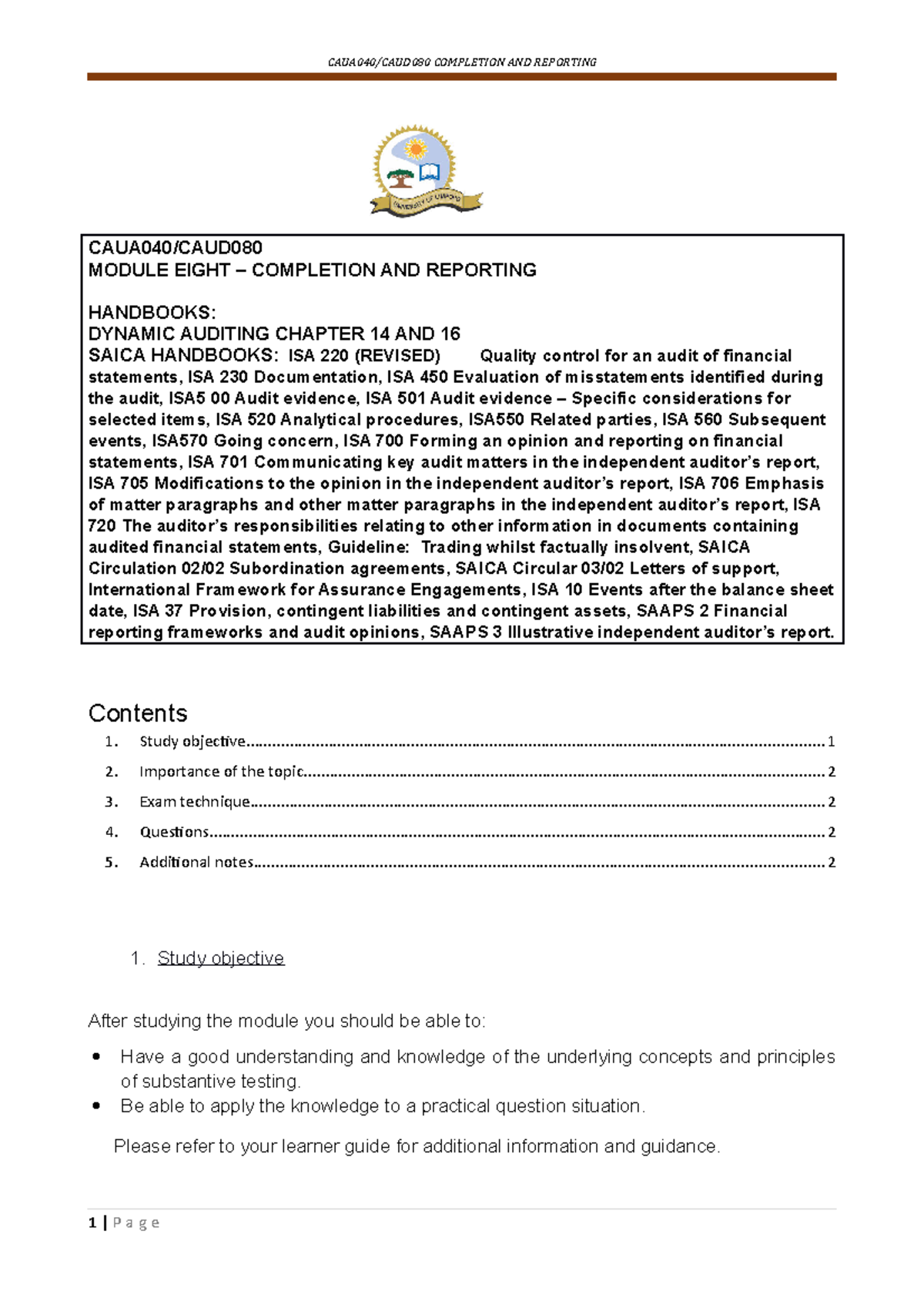 CAUA040/CAUD Module 8: Completion and Reporting Course Notes - Studocu