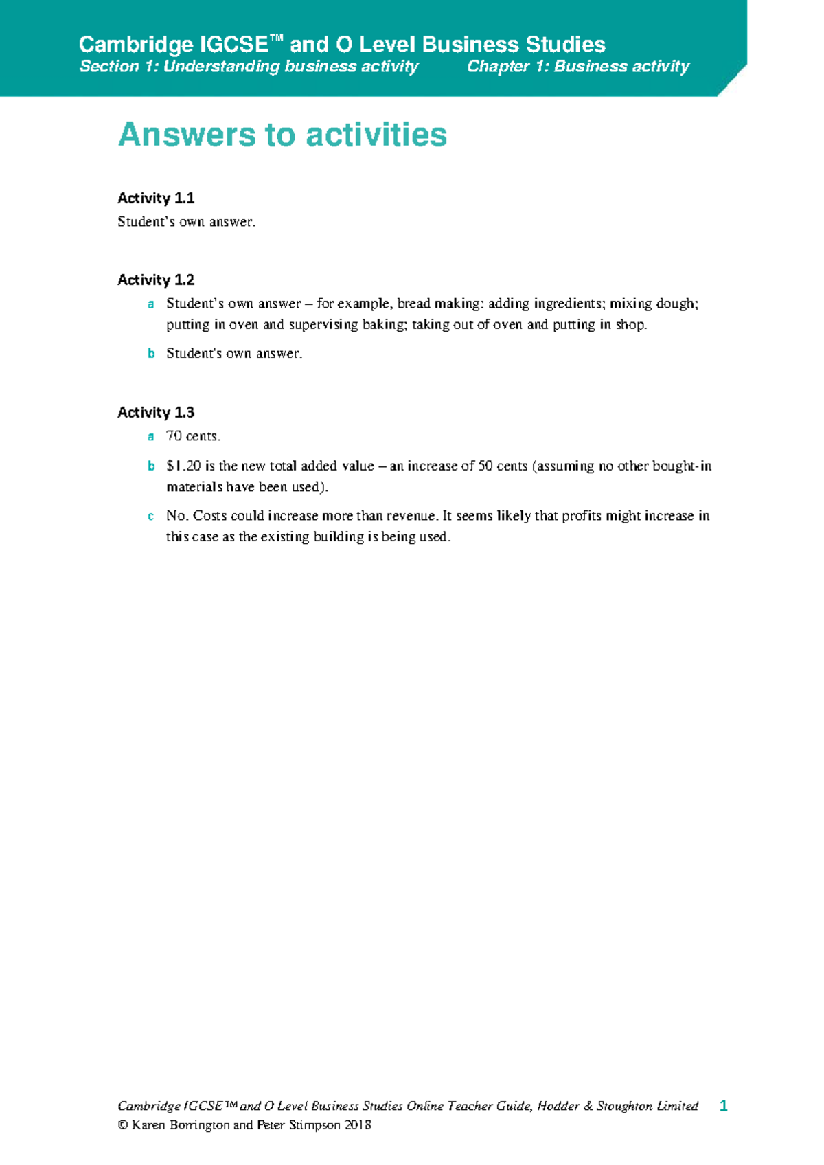 Cambridge IGCSE™ Business Studies: Answers to Activities Overview - Studocu