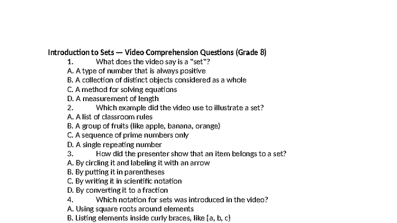 Grade 8 Sets Video Comprehension Questions and Answers - Studocu
