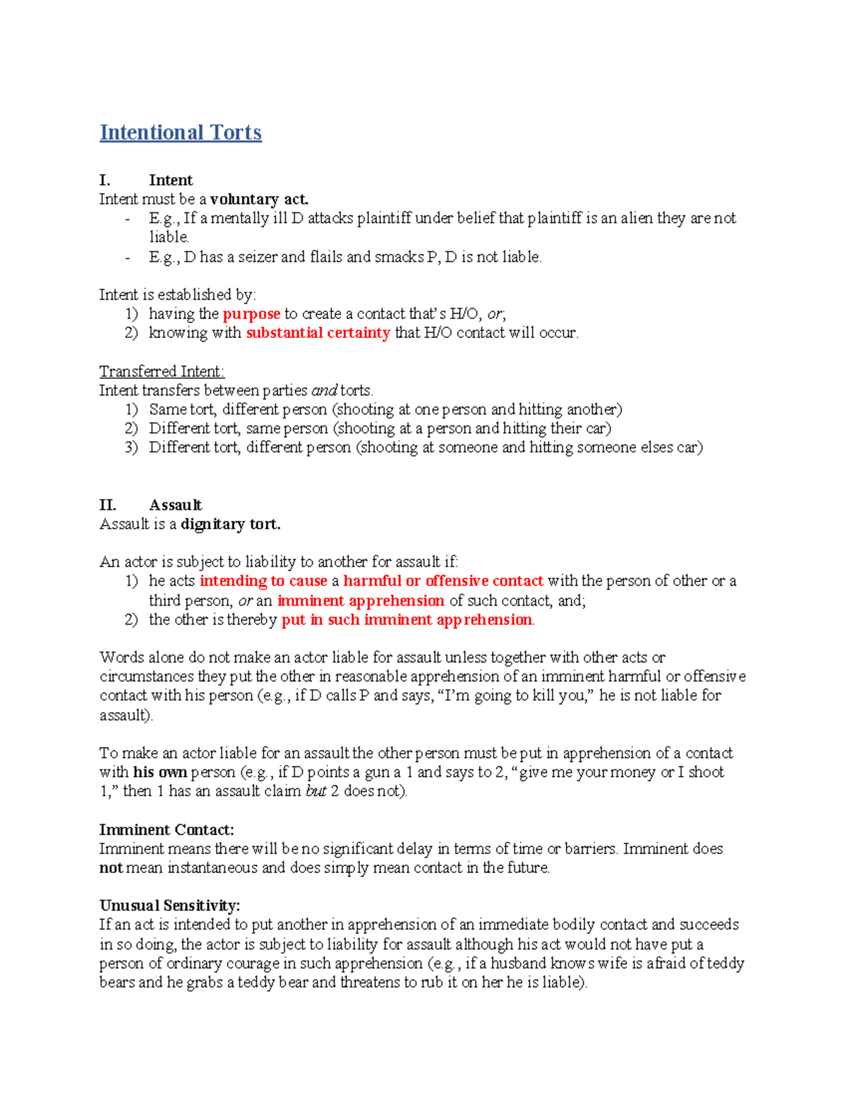 Torts Outline: Intentional Torts and Defenses (LAW 101) - Studocu