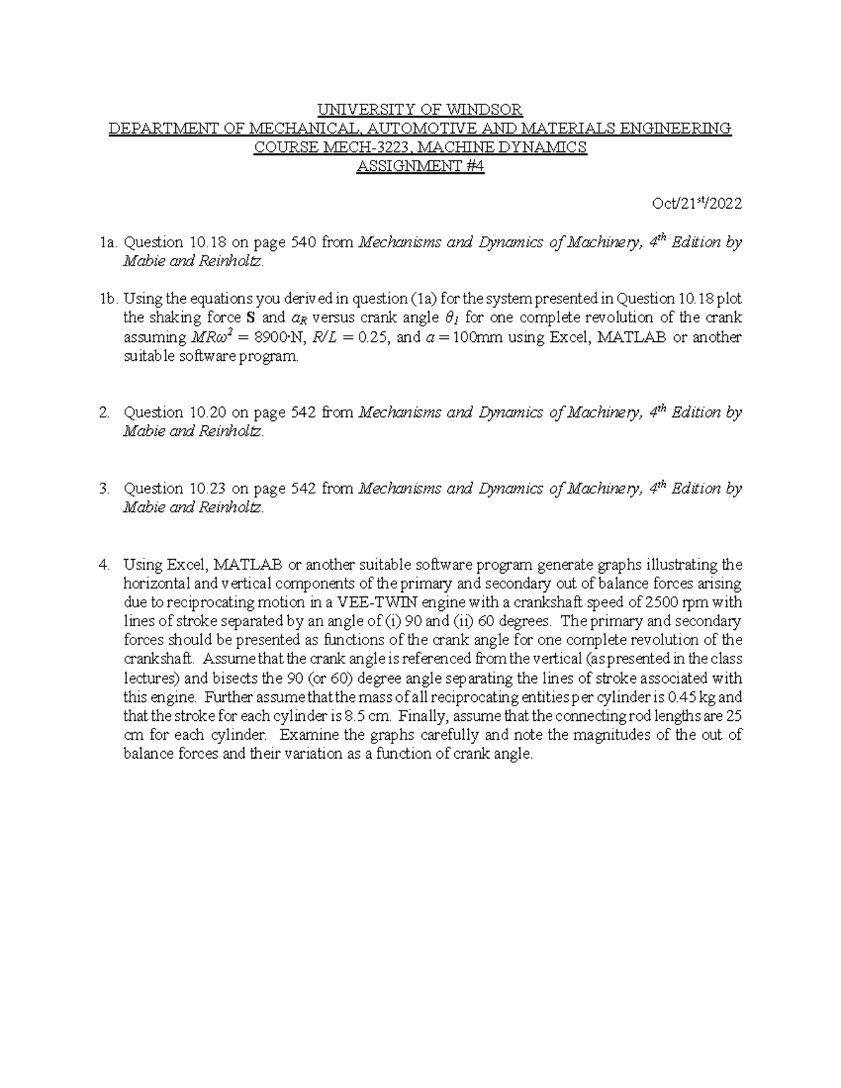 MECH-3223 Assignment 4 Study Guide on Machine Dynamics - Studocu