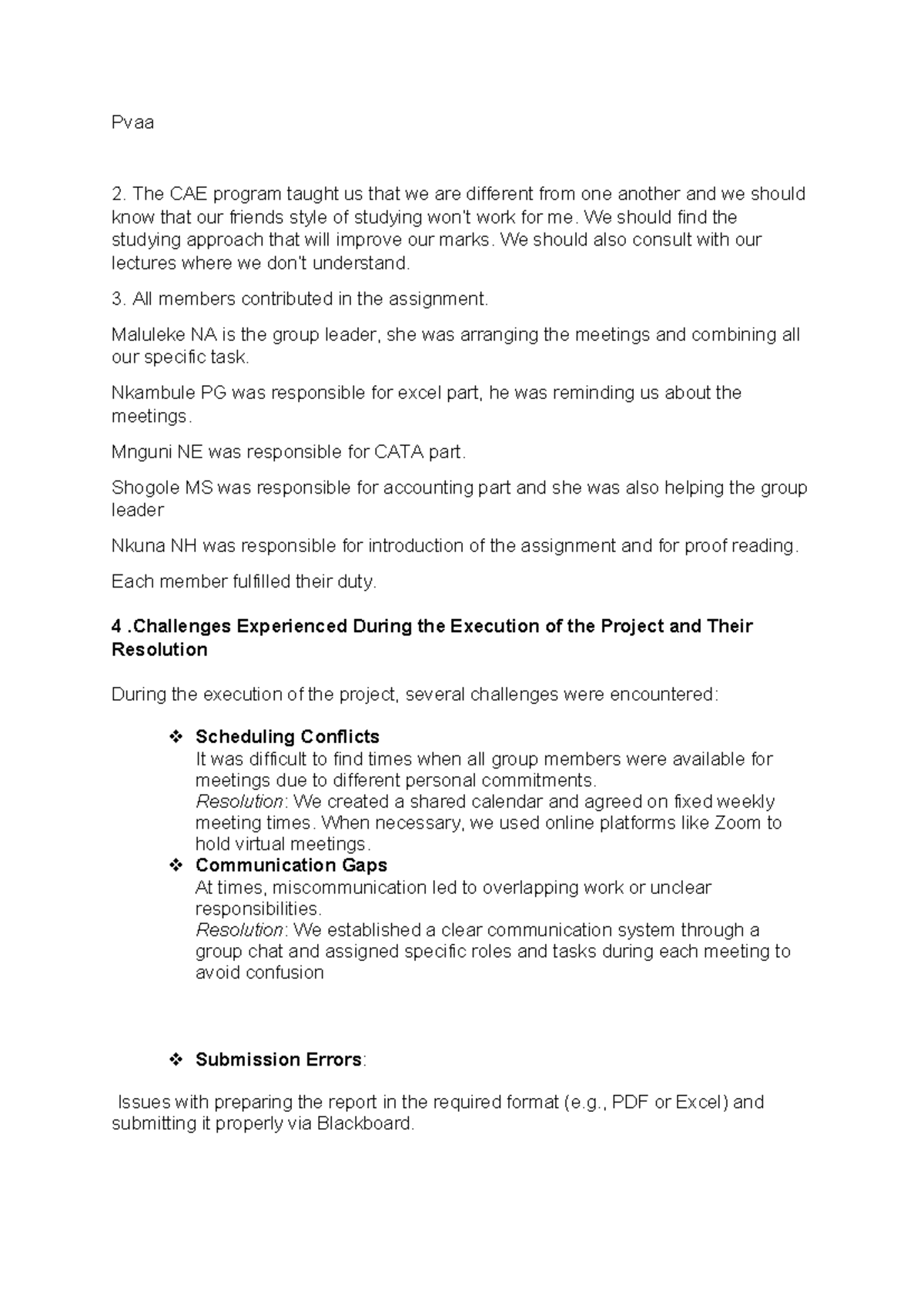 Pvaa 2 - Group Project Reflection and Challenges in CAE Program - Studocu