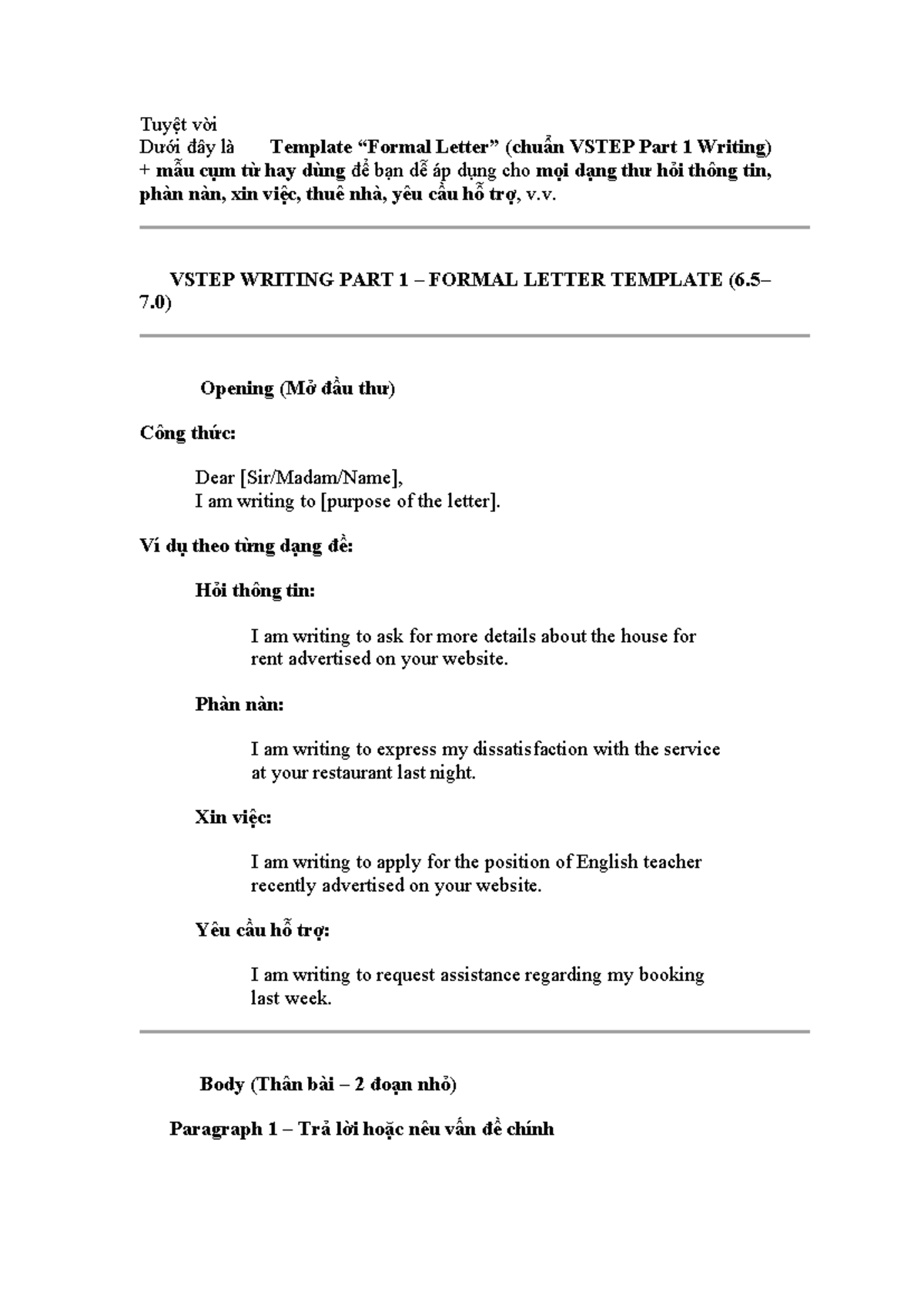 Template VSTEP Part 1: Formal Letter Writing Guide - Studocu