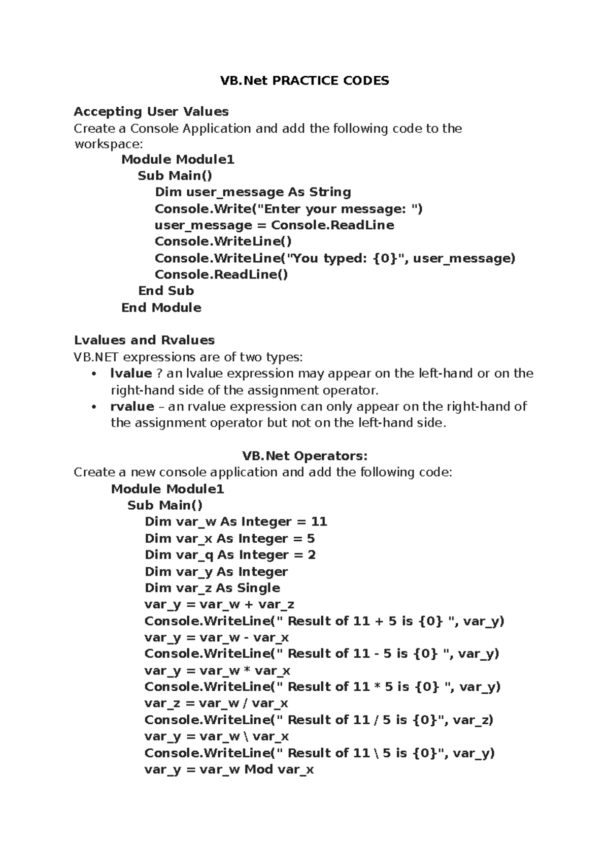 VB.Net Practice Codes 2023 - VB PRACTICE CODES Accepting User Values ...