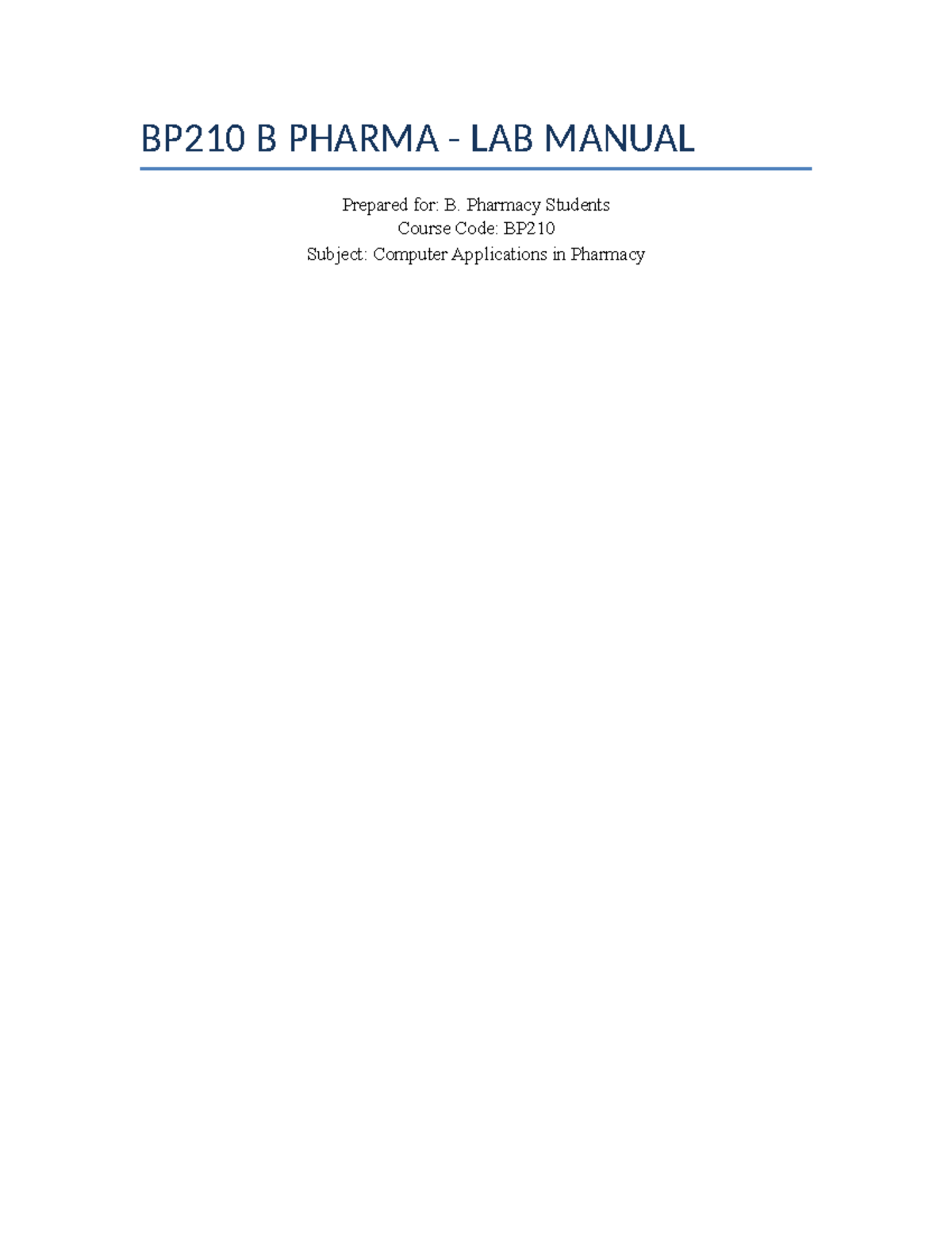 BP210 B PHARMA LAB MANUAL: Computer Applications in Pharmacy - Studocu