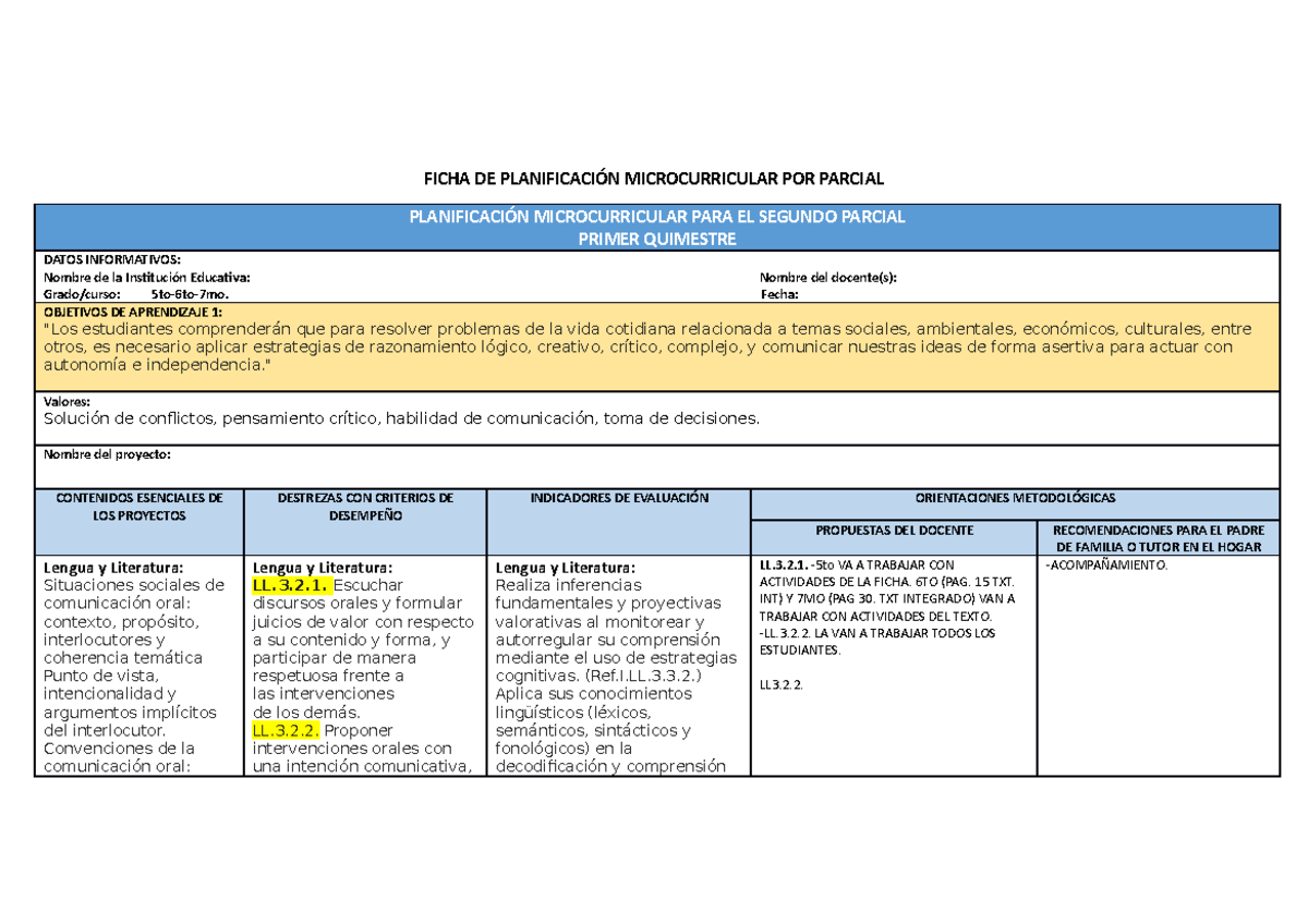 Planificación Microcurricular del Segundo Parcial para 5to-7mo Grado ...