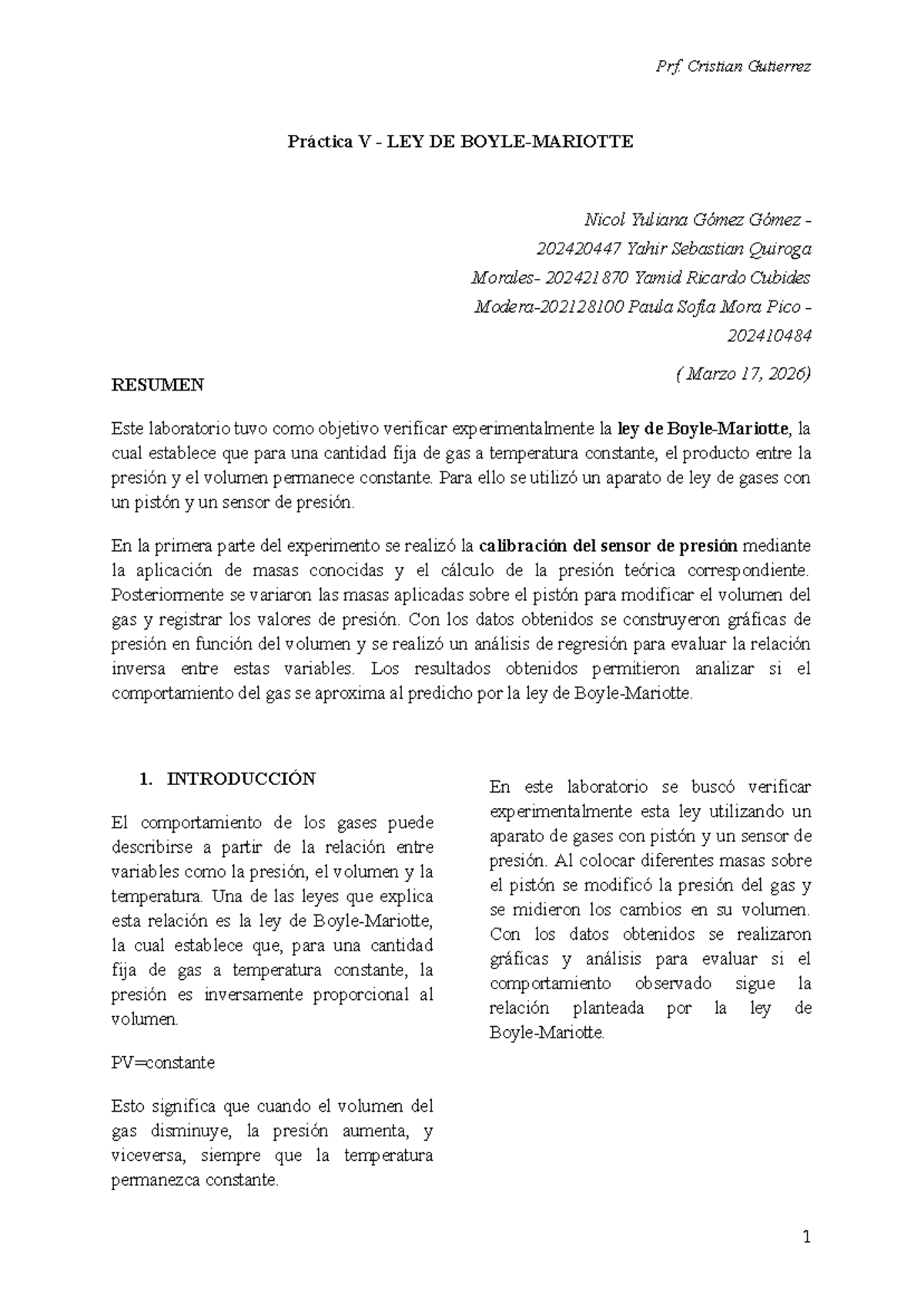 Práctica V: Verificación de la Ley de Boyle - LAB 202420447 - Studocu