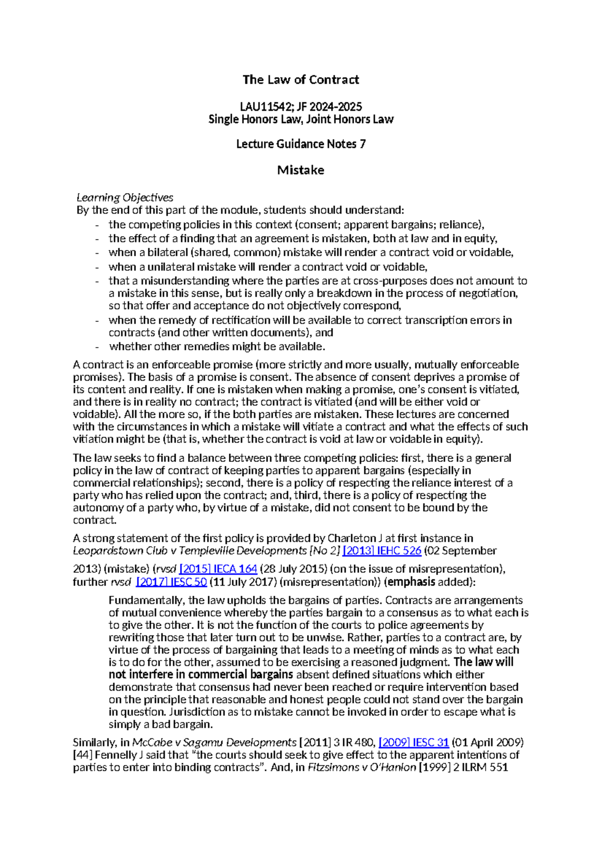 Mistake in Contract Law: JF Single Honors Law Lecture Notes 7 - Studocu