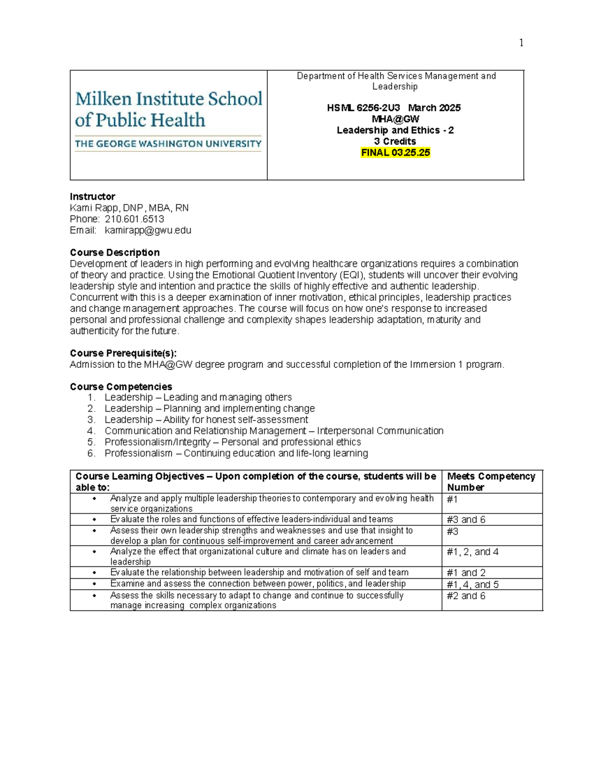 Final Syllabus for HSML 2025: Leadership and Ethics Course - Studocu