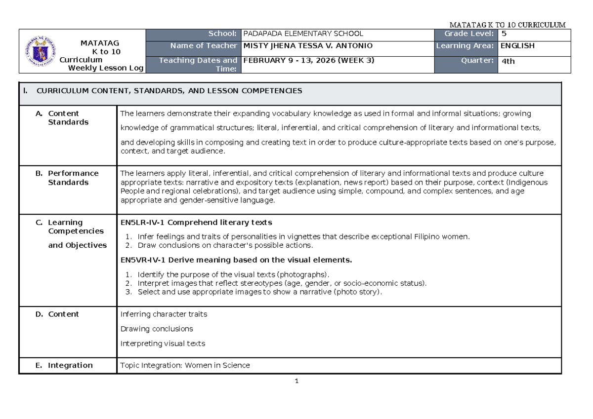 DTC DLL Matatag English 5 Q4 Week 3 Lesson Log - Studocu