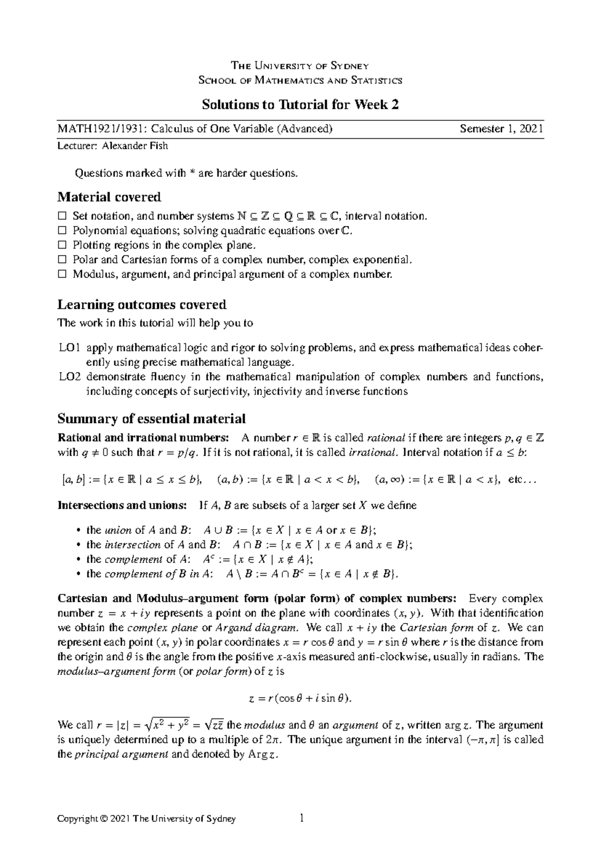 MATH1921/1931 Week 2 Tutorial Solutions - Calculus of One Variable ...