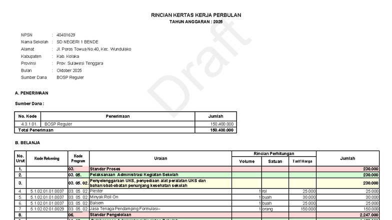 Rapbs-bulan-10 - RAPBS - Draft RINCIAN KERTAS KERJA PERBULAN TAHUN ...