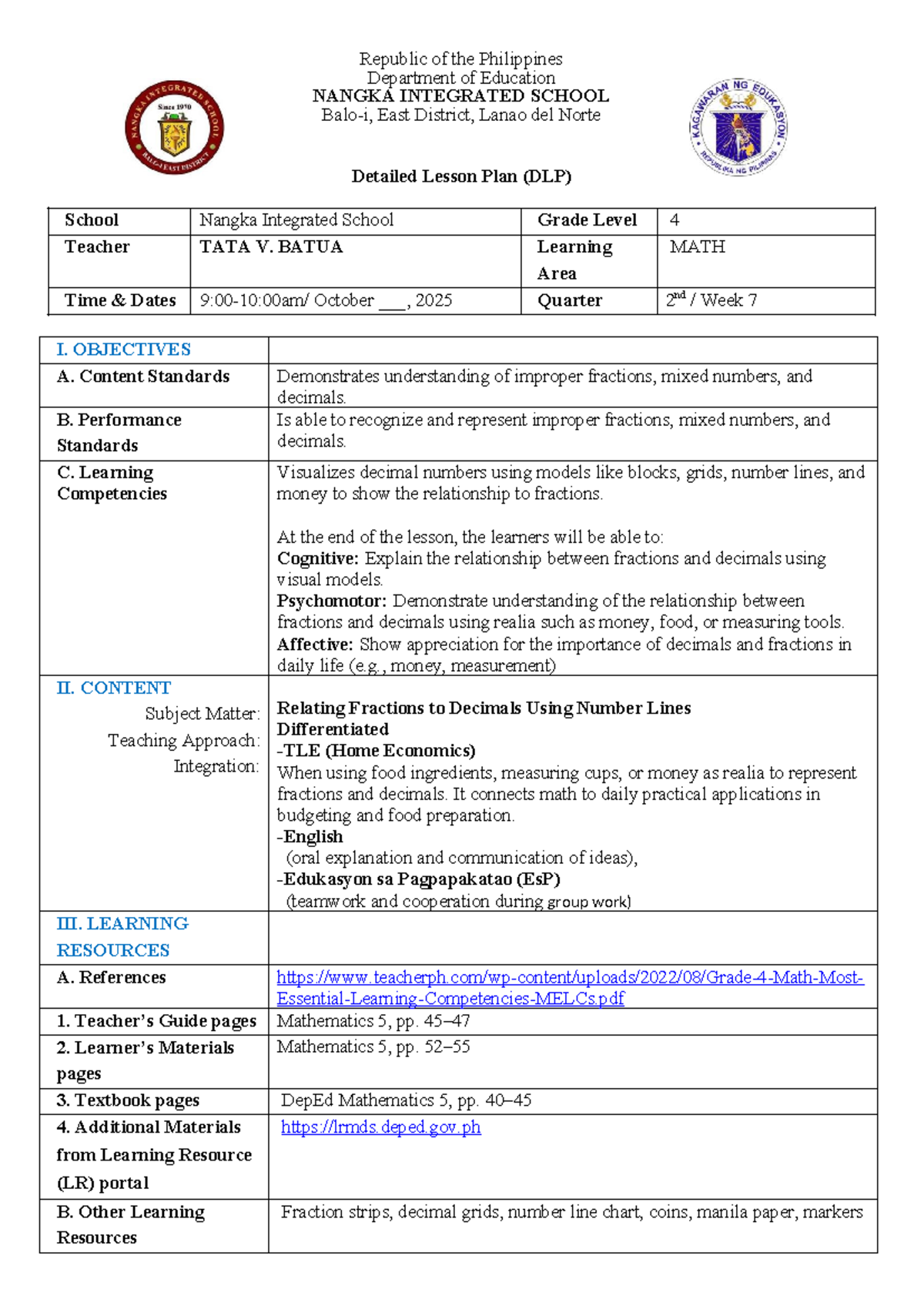 DLP: Grade 4 Math - Relating Fractions to Decimals - Studocu