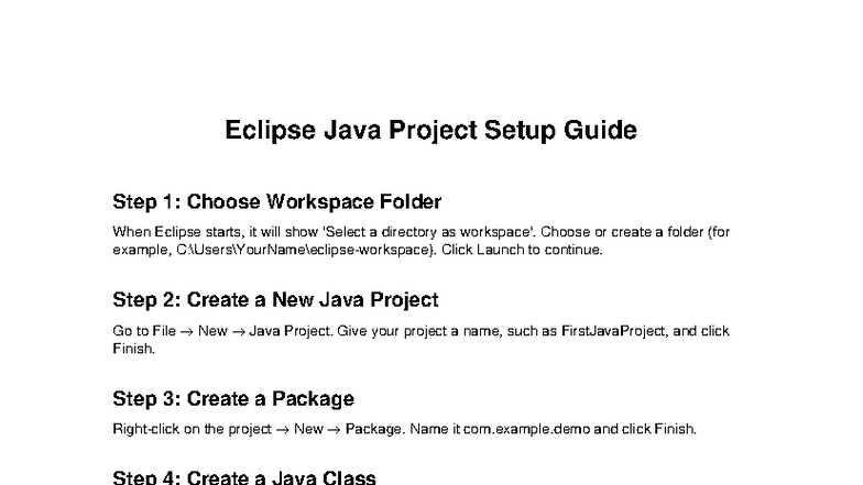 Eclipse Java Project Setup Guide: Creating Your First Project - Studocu