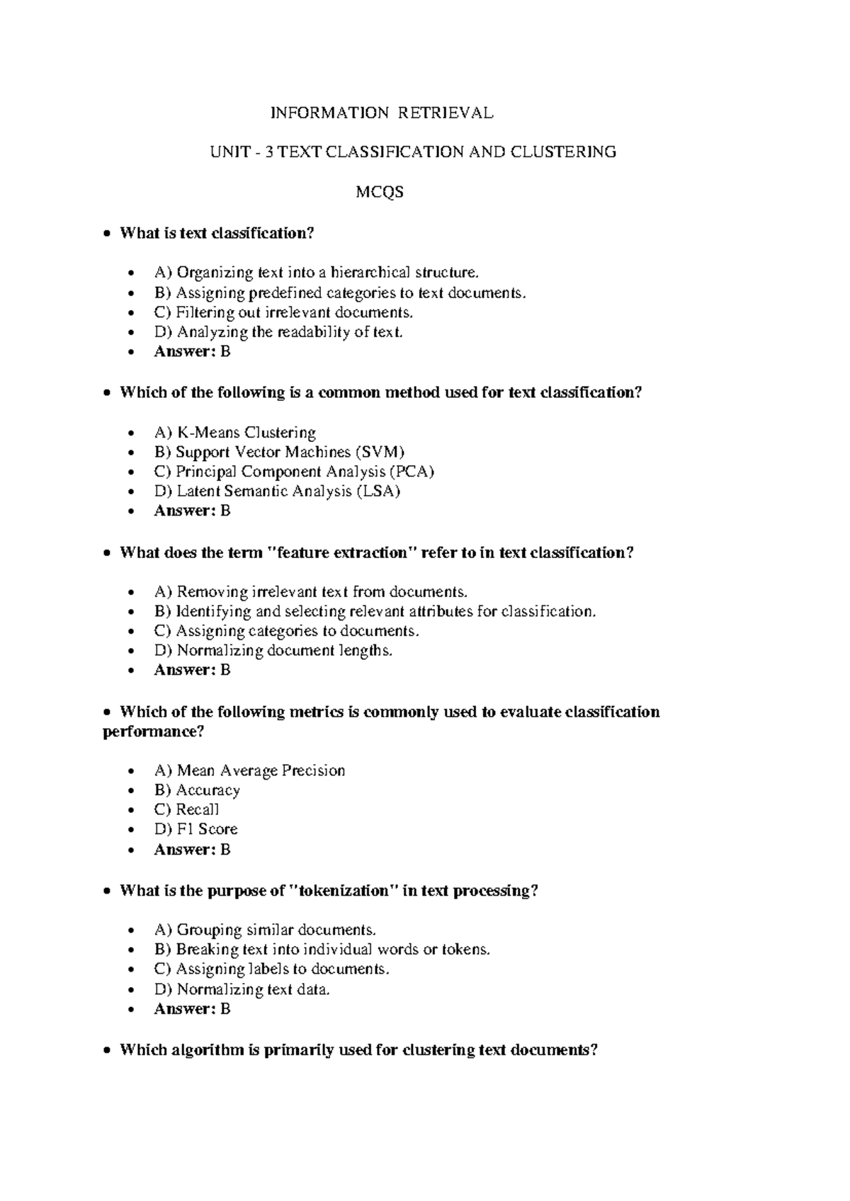 MCQ - INFO 101: Text Classification & Clustering Questions - Studocu