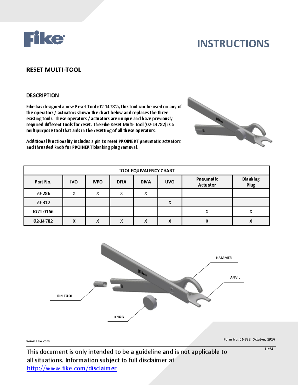 Fike Actuator reset multi tool 02 14782 - INSTRUCTIONS 1 of 4 Fike Form ...