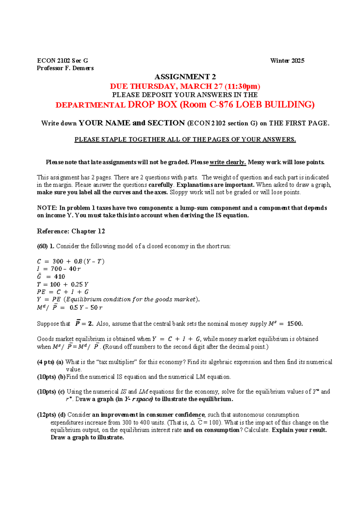 Assignment 2-March-21-2025 - ECON 2102 Sec G Winter 2025 Professor F ...