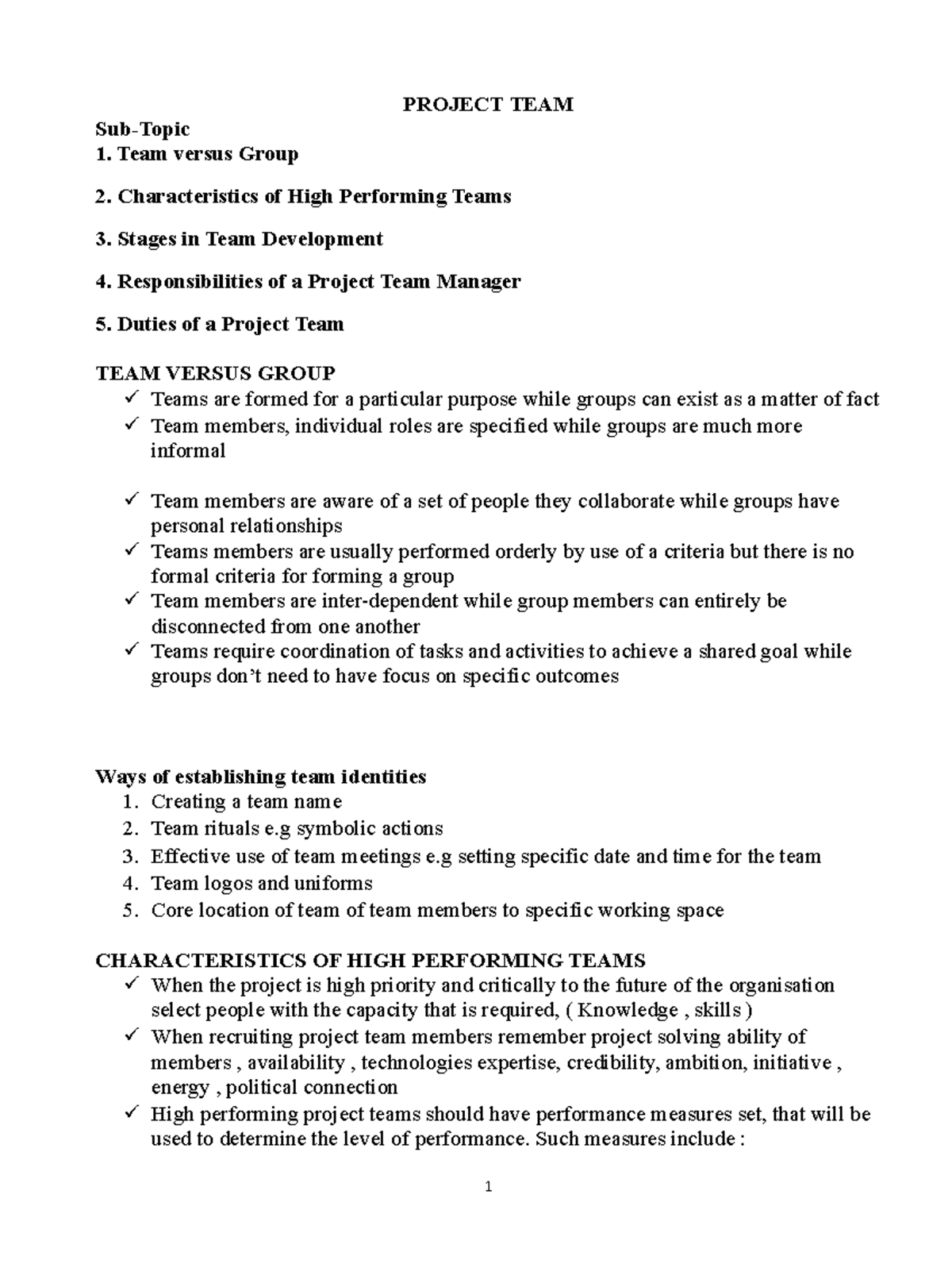 Project TEAM: Characteristics, Stages & Manager Responsibilities - Studocu