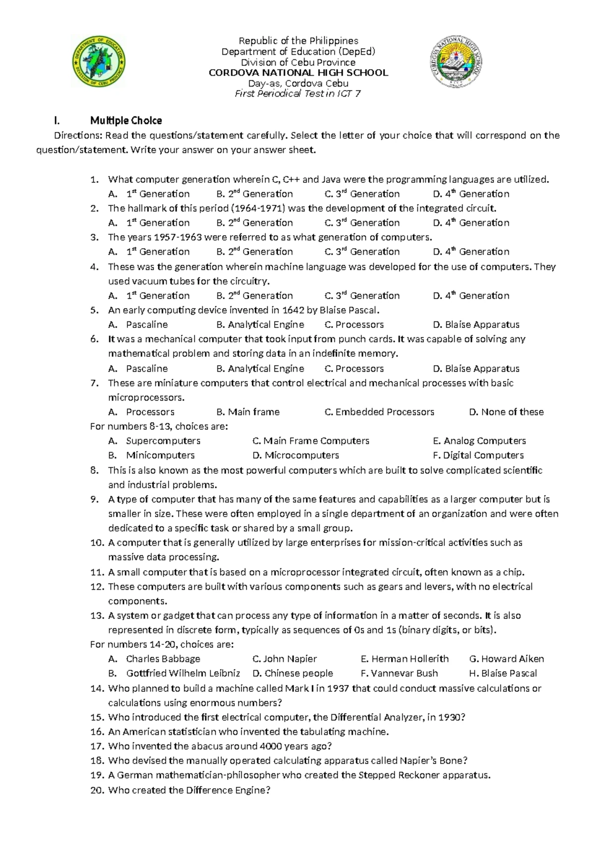 ICT 7 3rd Periodical Test with Answer Key - Studocu
