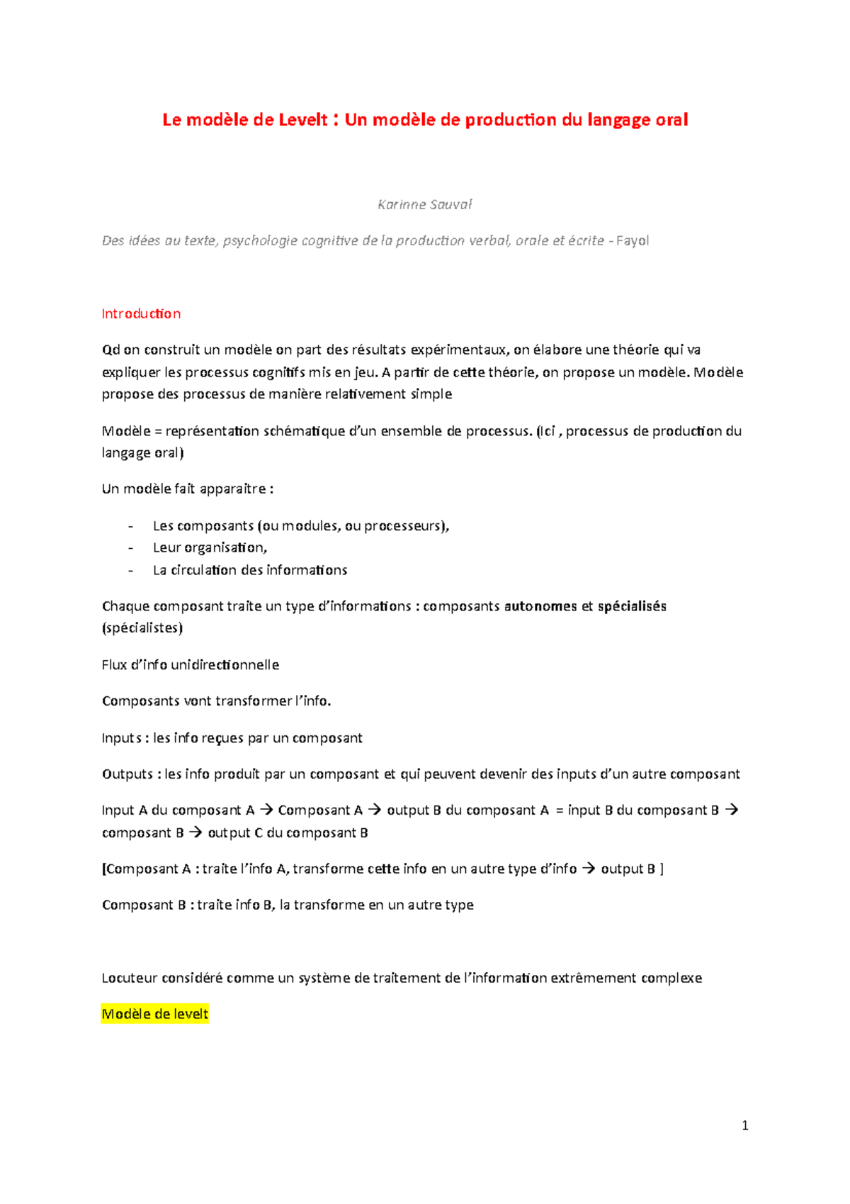 Nouveau titre : Modèle de Levelt en Psychologie du Développement - L2 ...