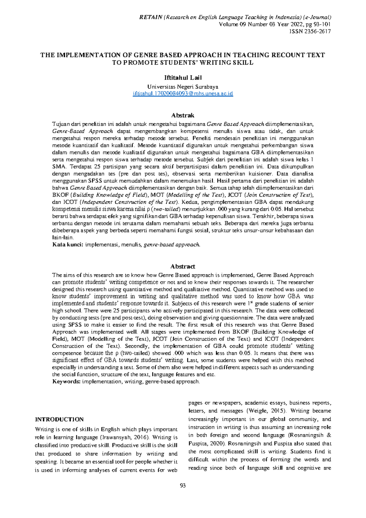 The Implementation of Genre Based Approach to Enhance Writing Skills ...