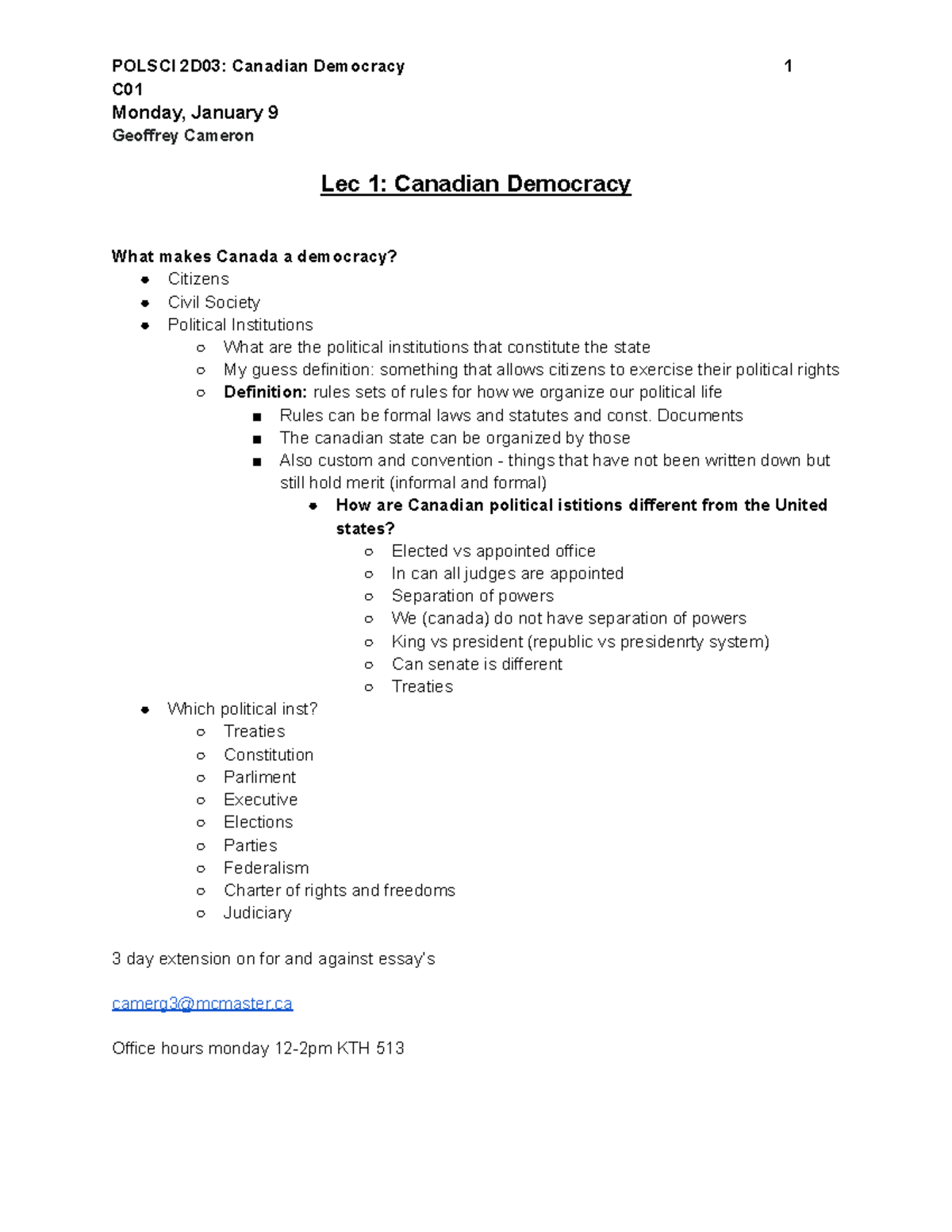 POLSCI 2D03: Lec 1 - Understanding Canadian Democracy and Institutions ...