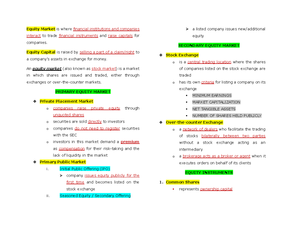 Equity Markets Overview: Key Concepts and Valuation Methods - Studocu