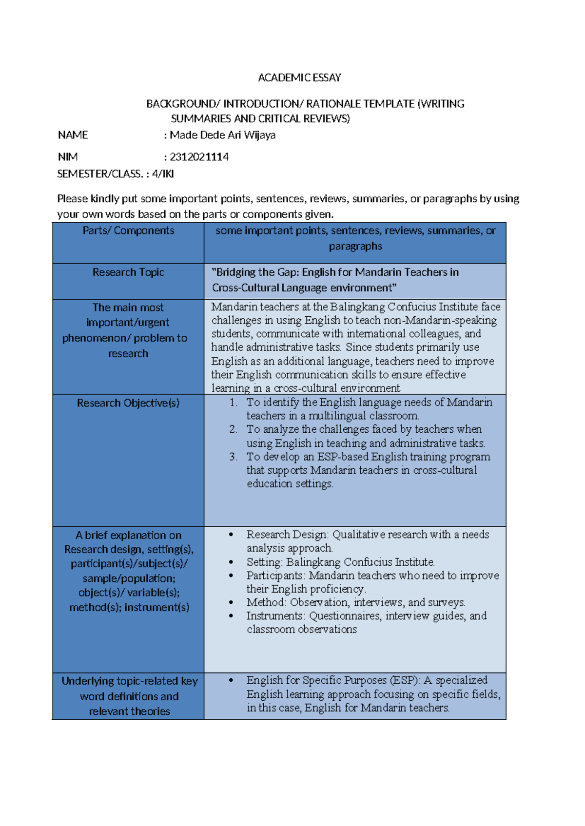 Academic Essay Rationale Template: English Needs for Mandarin Teachers ...