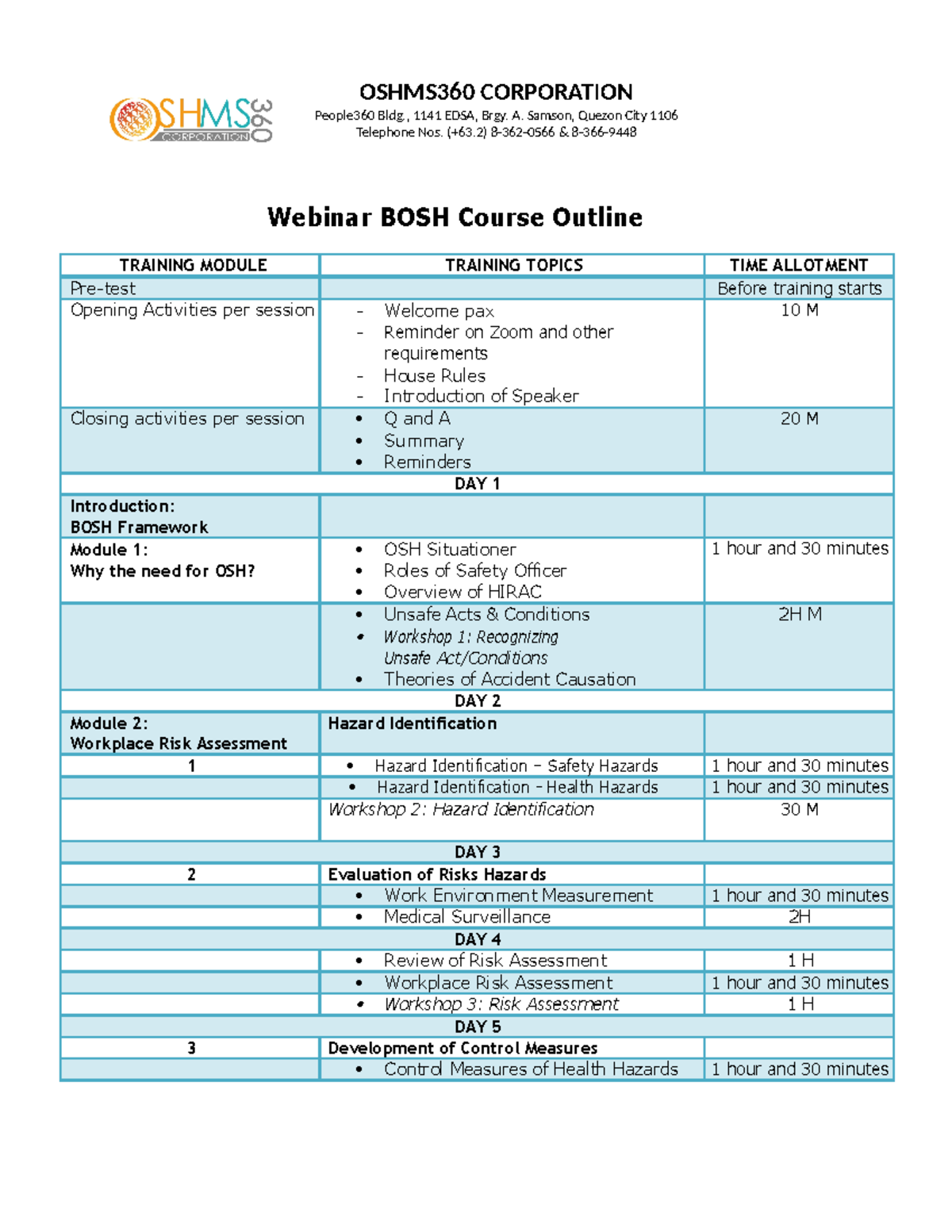 Basic Occupational Safety and Health Outline - OSHMS360 CORPORATION ...