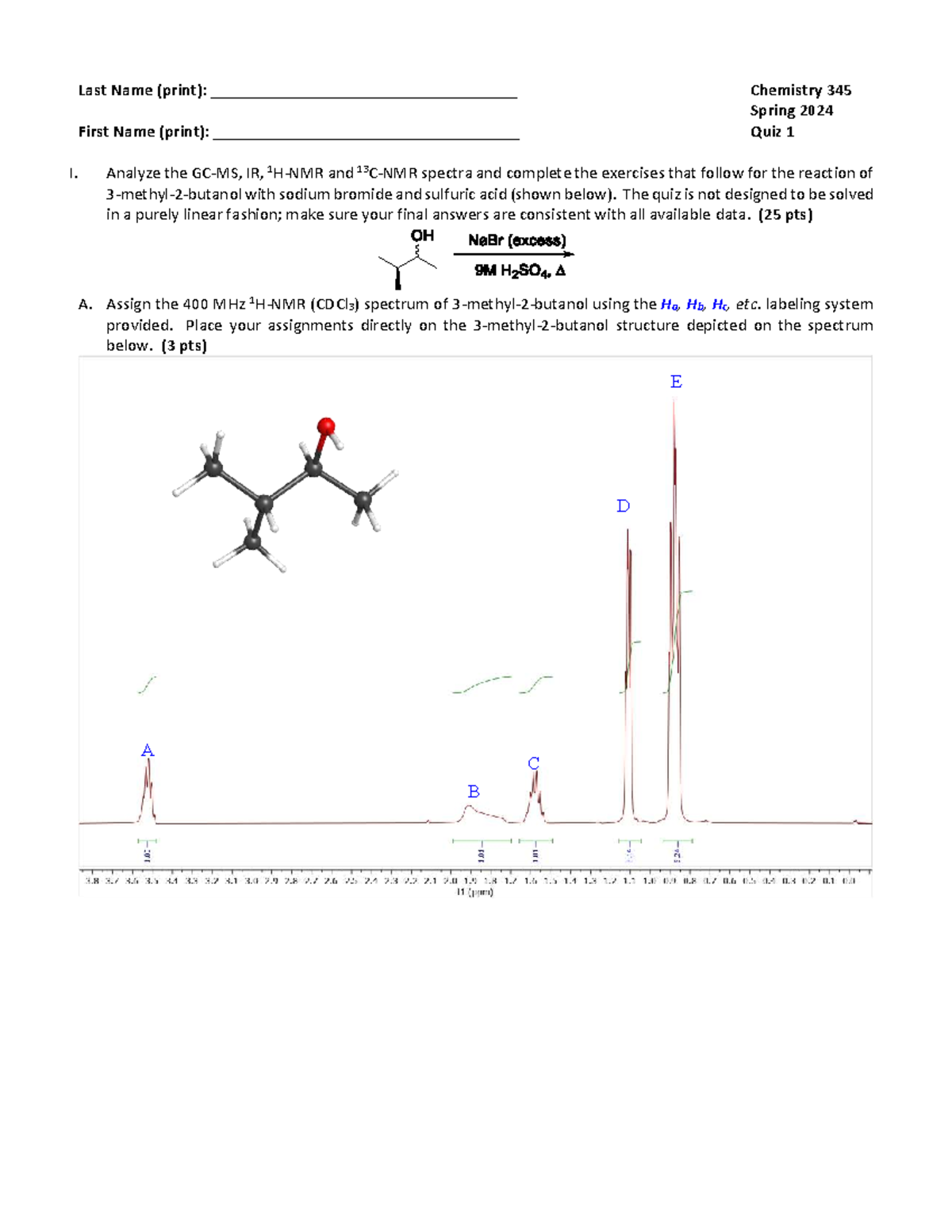 Chemistry 345 Spring 2024 Quiz 1: IR & NMR Analysis Practice - Studocu